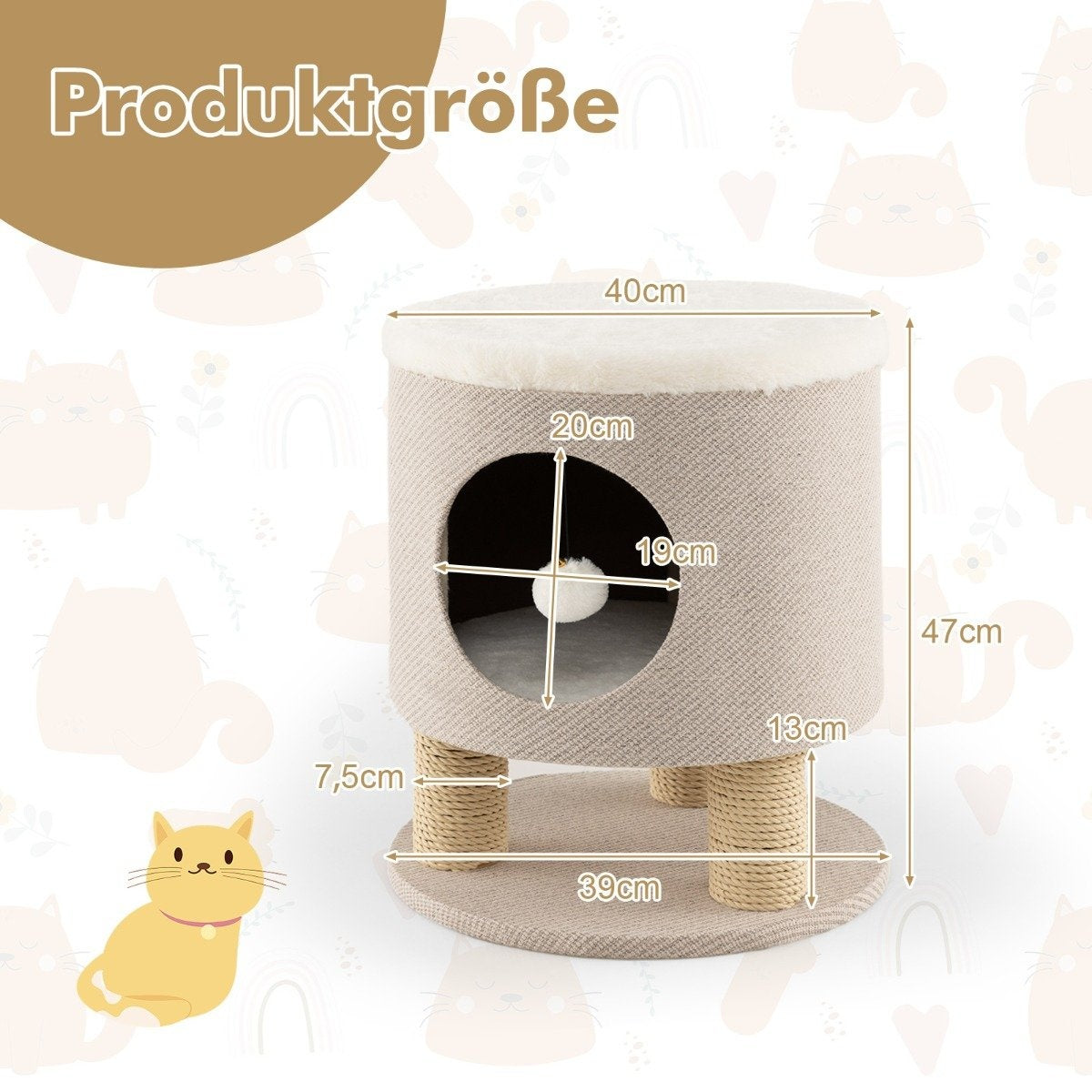 Árbol para gatos con dimensiones etiquetadas. Tiene forma redonda con un agujero. Dentro hay una bola de juguete. Un gato amarillo a la izquierda.