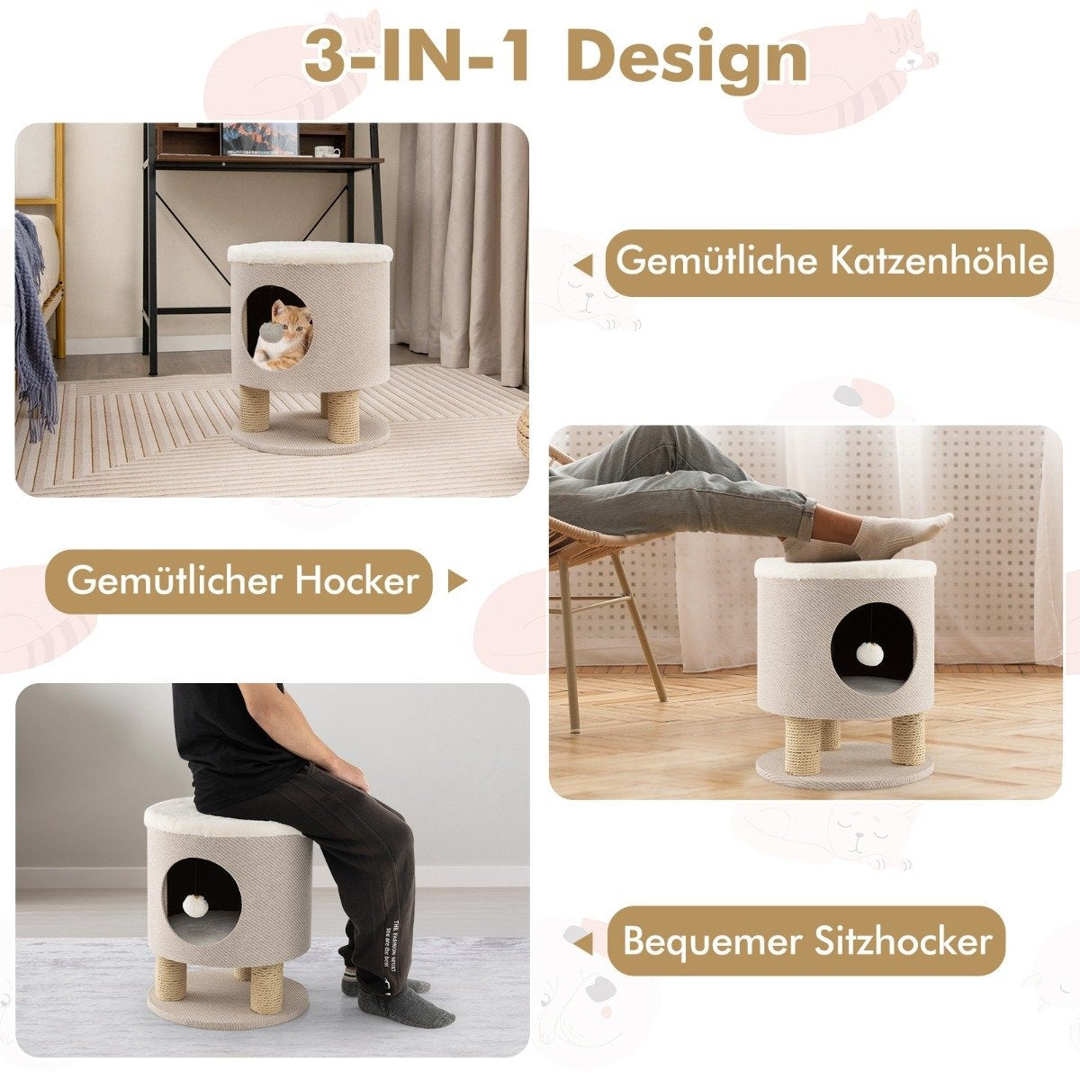 Un mueble para gatos de diseño 3 en 1. Sirve como casa para gatos, taburete cómodo y asiento acogedor. Es beige con la parte superior blanca.