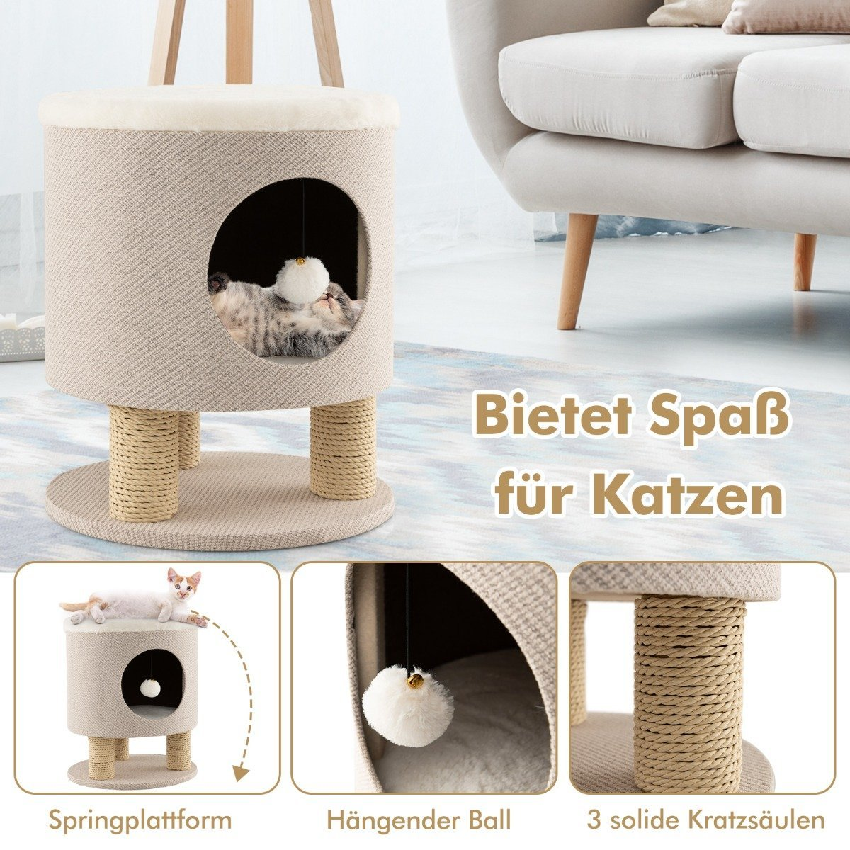 Un árbol para gatos beige con un gato dentro. Tiene una base redonda, una cueva y postes rascadores. También hay una bola colgante y texto.
