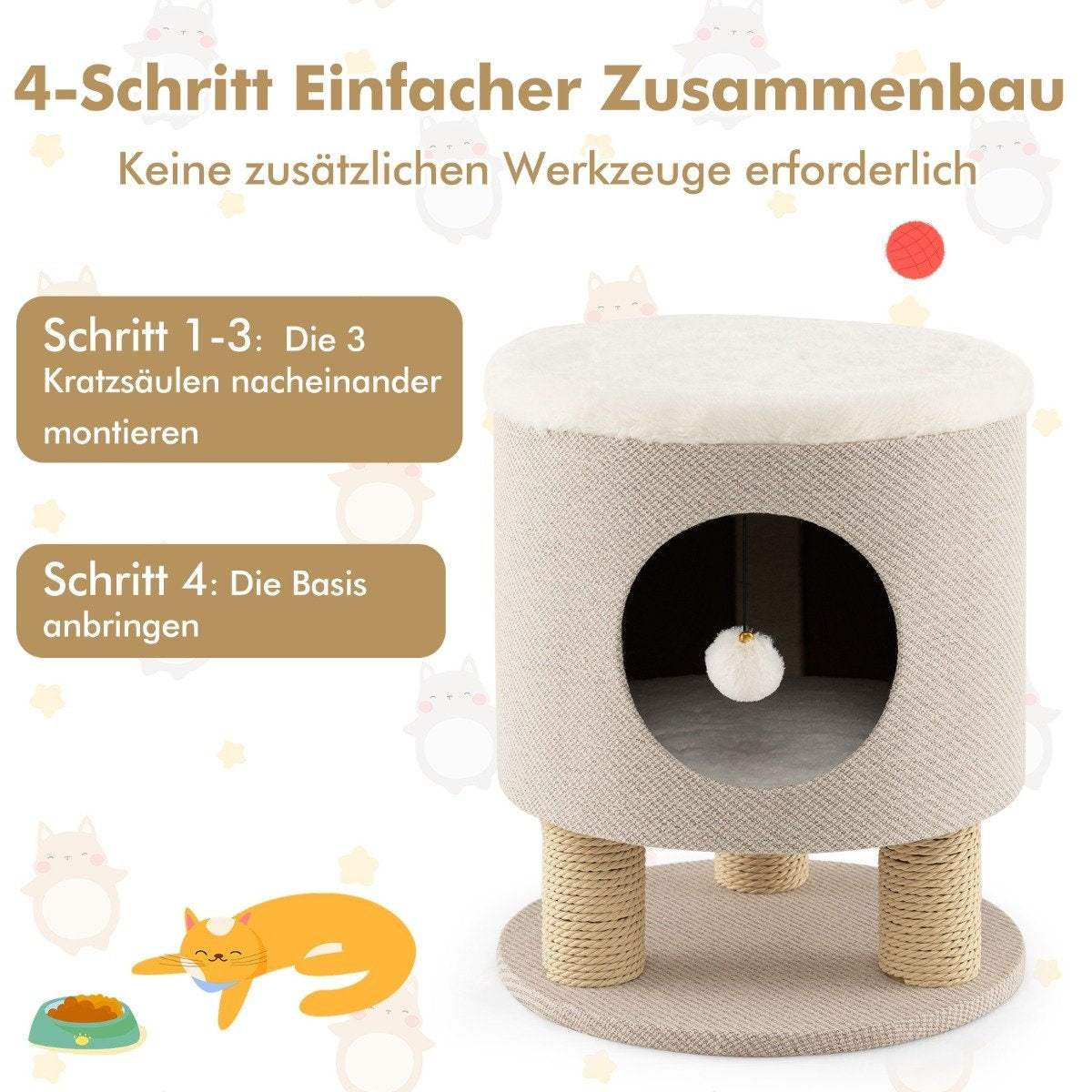 Árbol para gatos con instrucciones. Tiene una base beige, postes rascadores, una parte superior redonda y un juguete colgante. También se muestra un gato y un cuenco de comida.