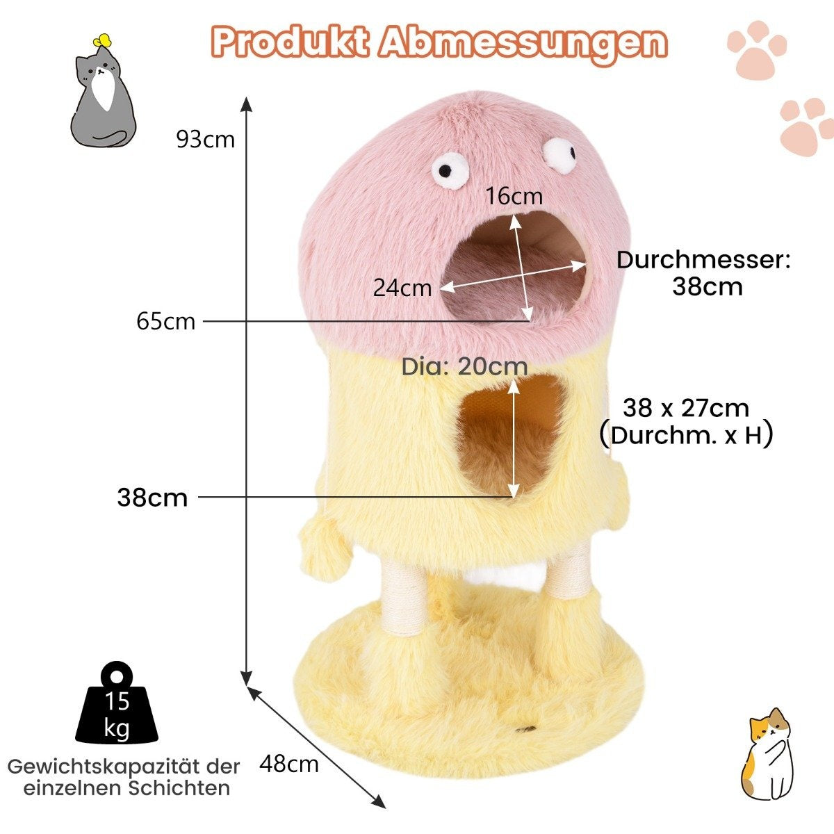 Un árbol para gatos con dimensiones mostradas. Tiene una parte superior rosa y una base amarilla con medidas en cm, diagramas y capacidad de peso.