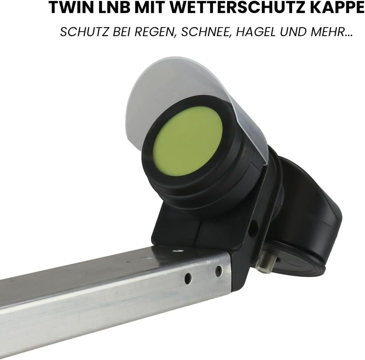 Ein schwarzes Twin-LNB mit Schutzhülle. Das LNB ist auf einem silbernen Metallarm montiert. Es schützt vor Witterung.