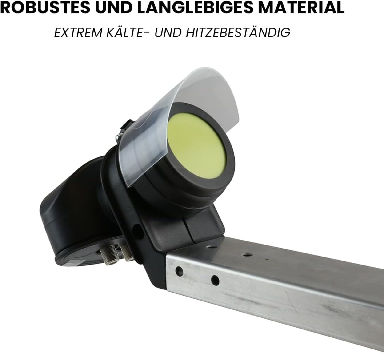 Eine schwarze und silberne Satellitenschüsselkomponente mit Schutzhülle. Oben steht: Robustes und langlebiges Material.