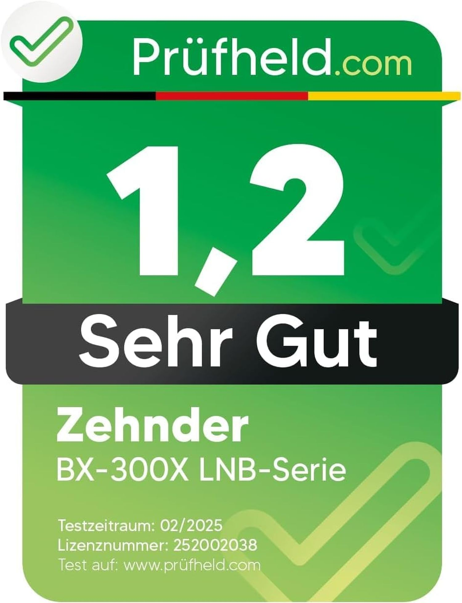 Eine grüne und weiße Grafik zeigt ein Häkchen, den Text 'Prüfheld.com' und die Bewertung 1,2 'Sehr Gut' für Zehnder BX-300X.