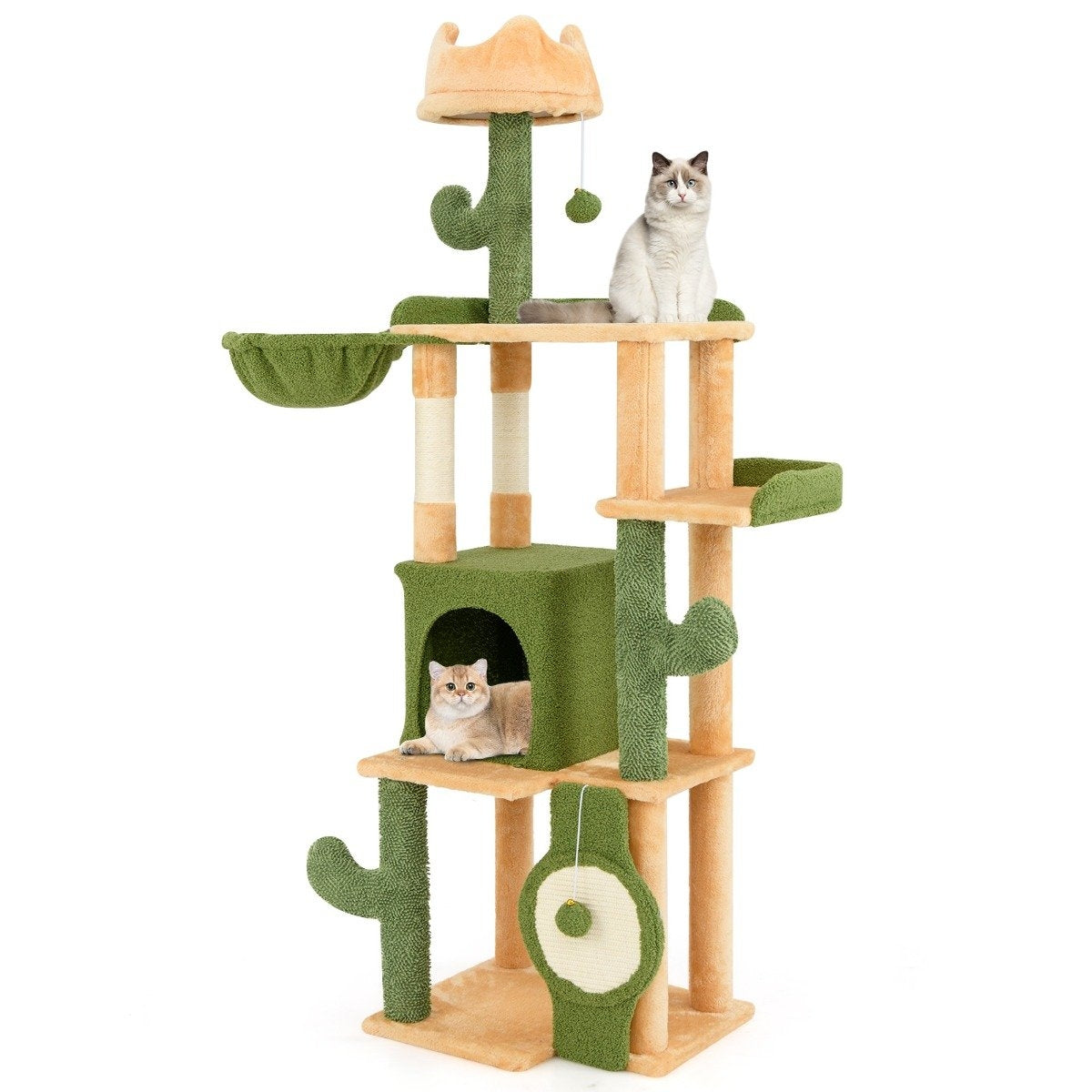 Árbol para gatos con dos gatos. El árbol tiene múltiples niveles, detalles de cactus y una combinación de colores beige y verde.