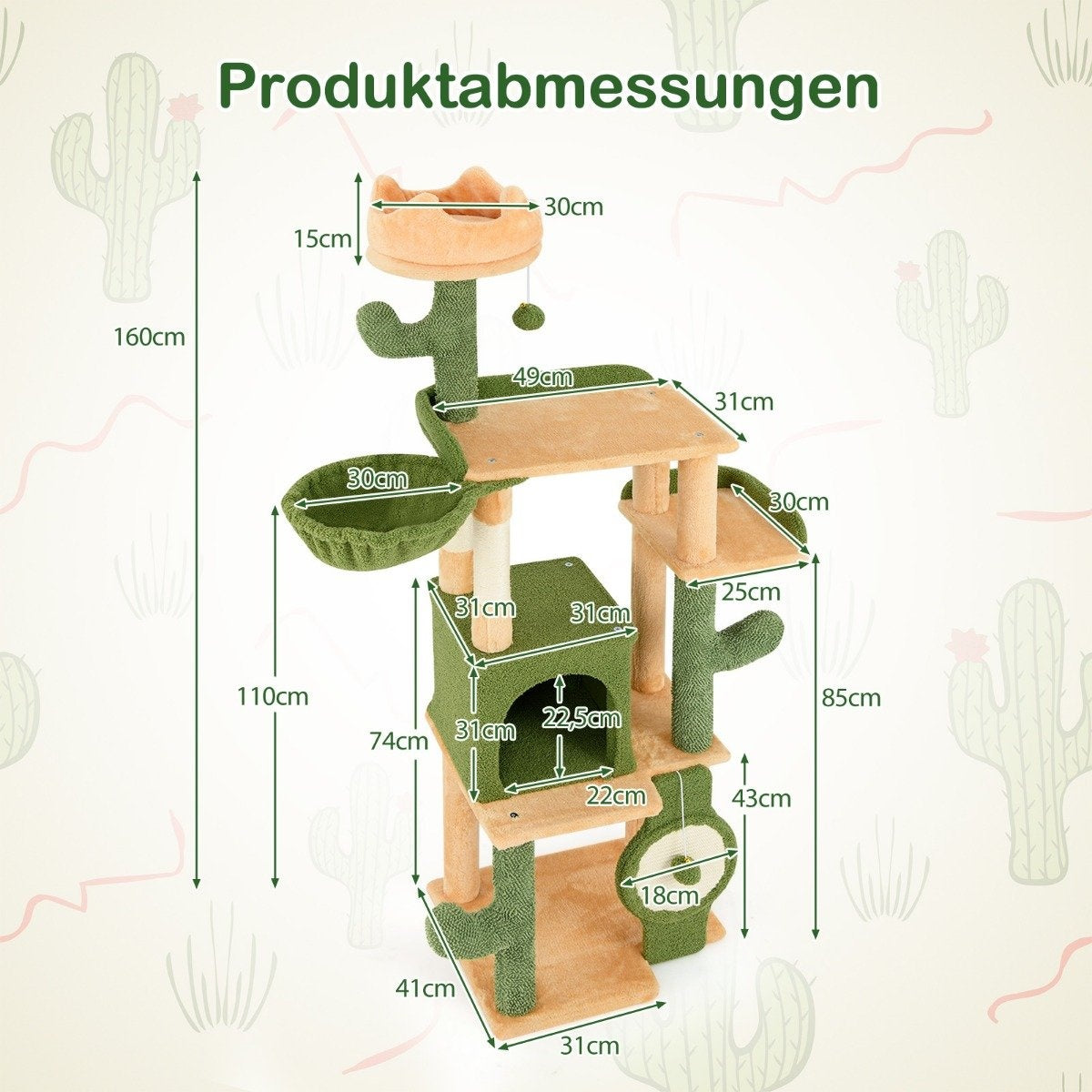 Árbol para gatos con múltiples niveles, plataformas y postes rascadores. Dimensiones en cm. Diseño de cactus y floral.