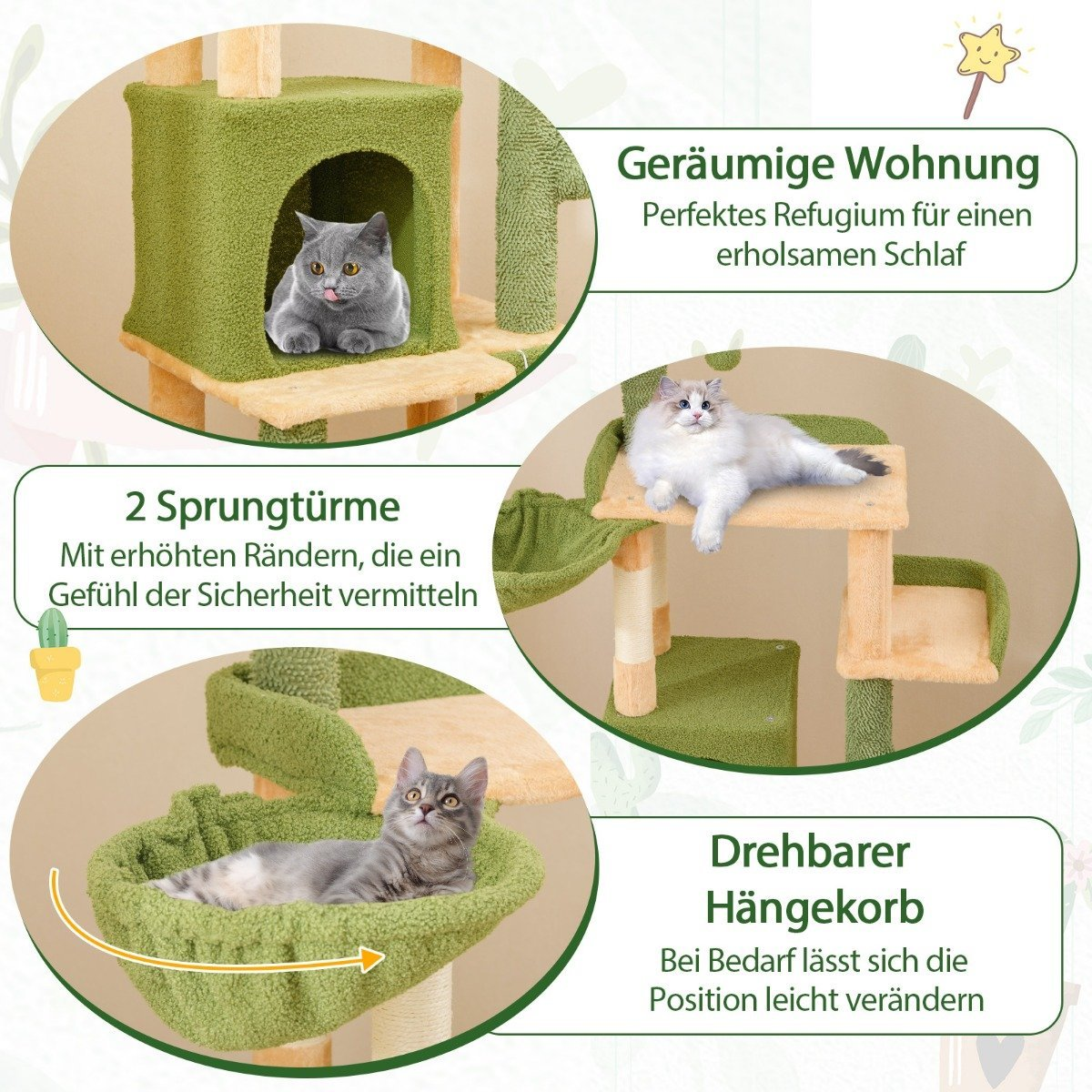 Árbol para gatos con tres gatos. Uno en una casa verde, otro en una plataforma y otro en una cesta verde. Etiquetas de texto describen las características.
