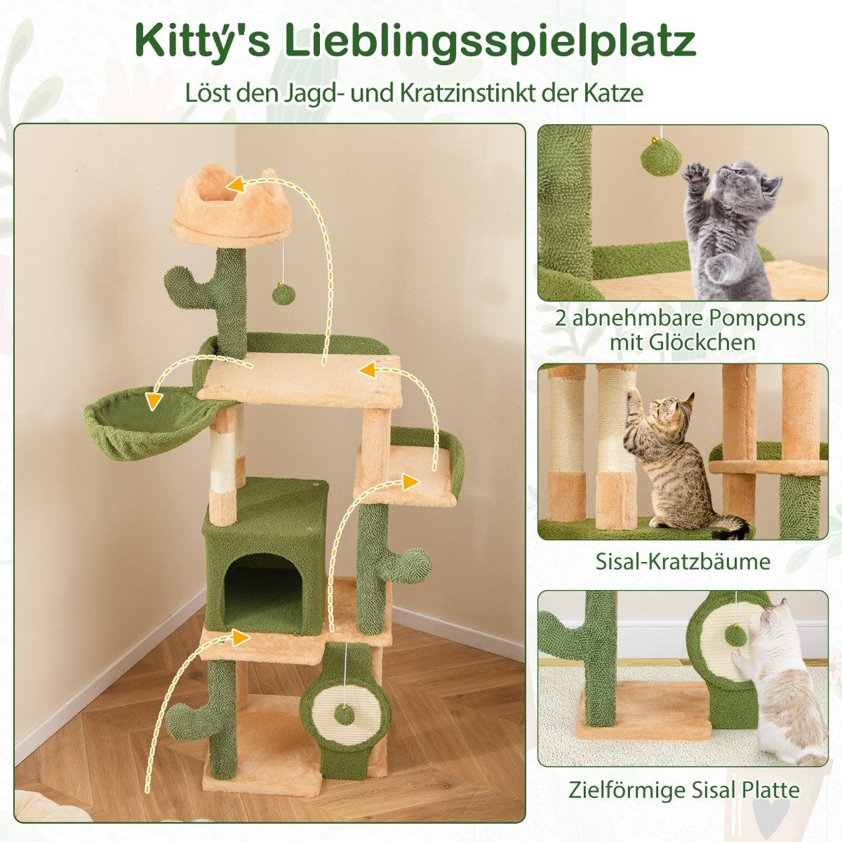 Un árbol para gatos con múltiples niveles, postes para rascar y un gato jugando en él. Incluye texto en alemán: 'Kitty's Lieblingsspielplatz'.