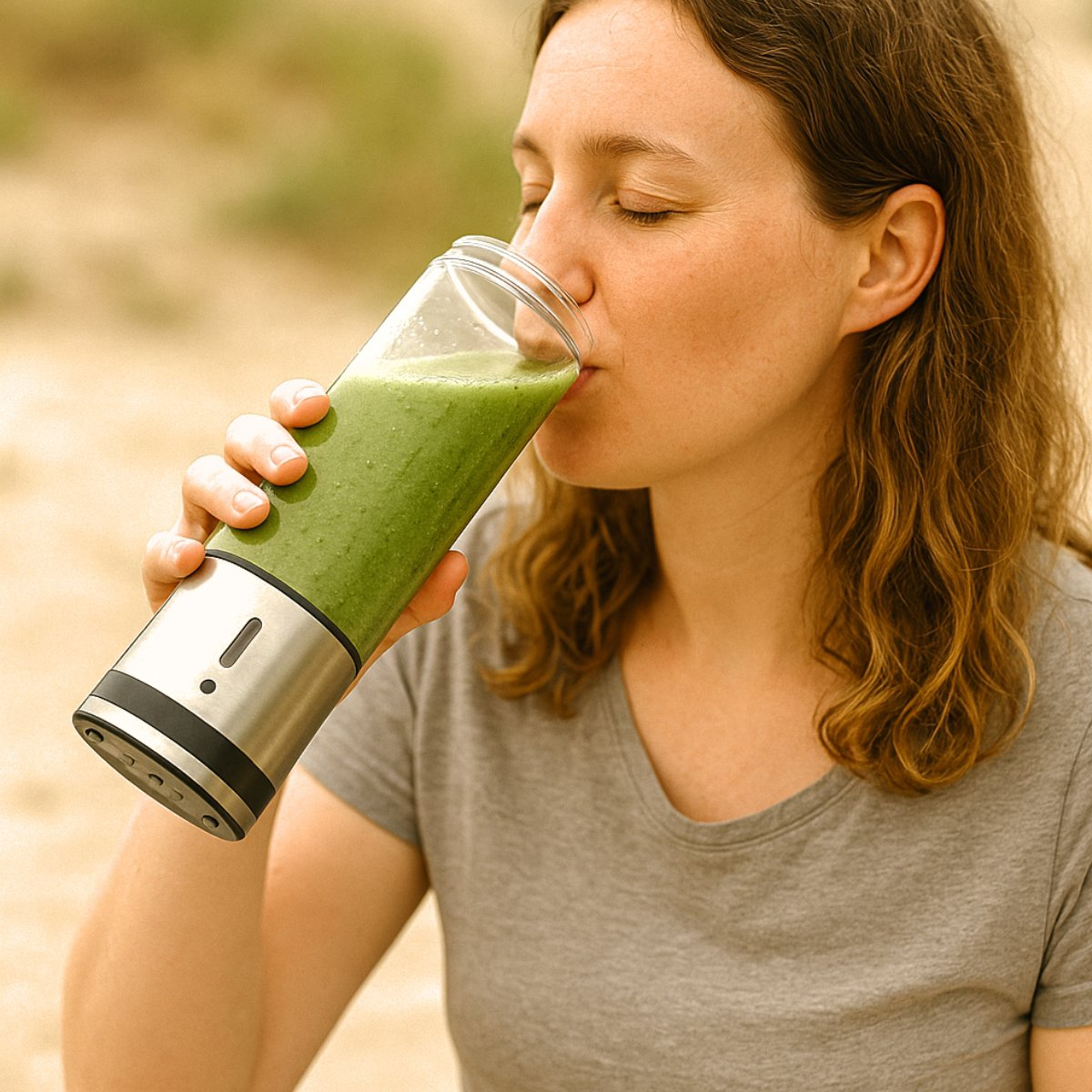 Vrouw drinkt groene smoothie uit een glas. Ze draagt een grijs shirt. De achtergrond is wazig zand.