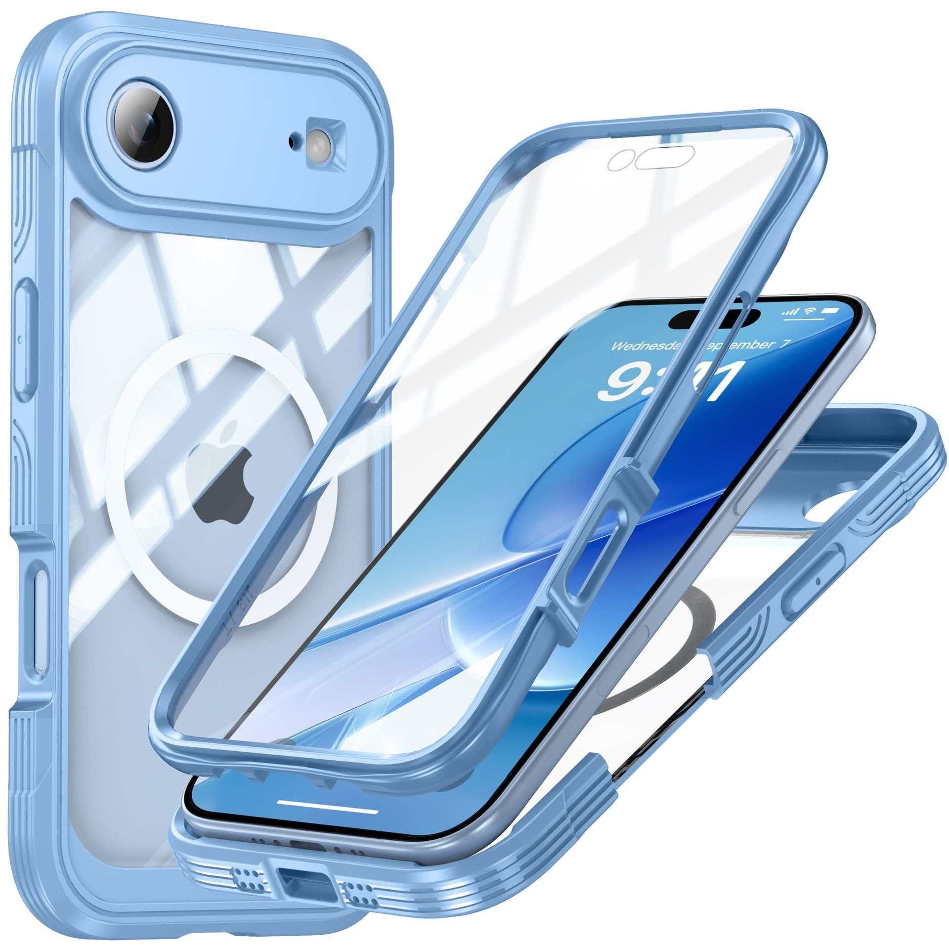 Una custodia per telefono azzurra, con un telefono all'interno. Il telefono mostra l'ora. La custodia è composta da più pezzi.