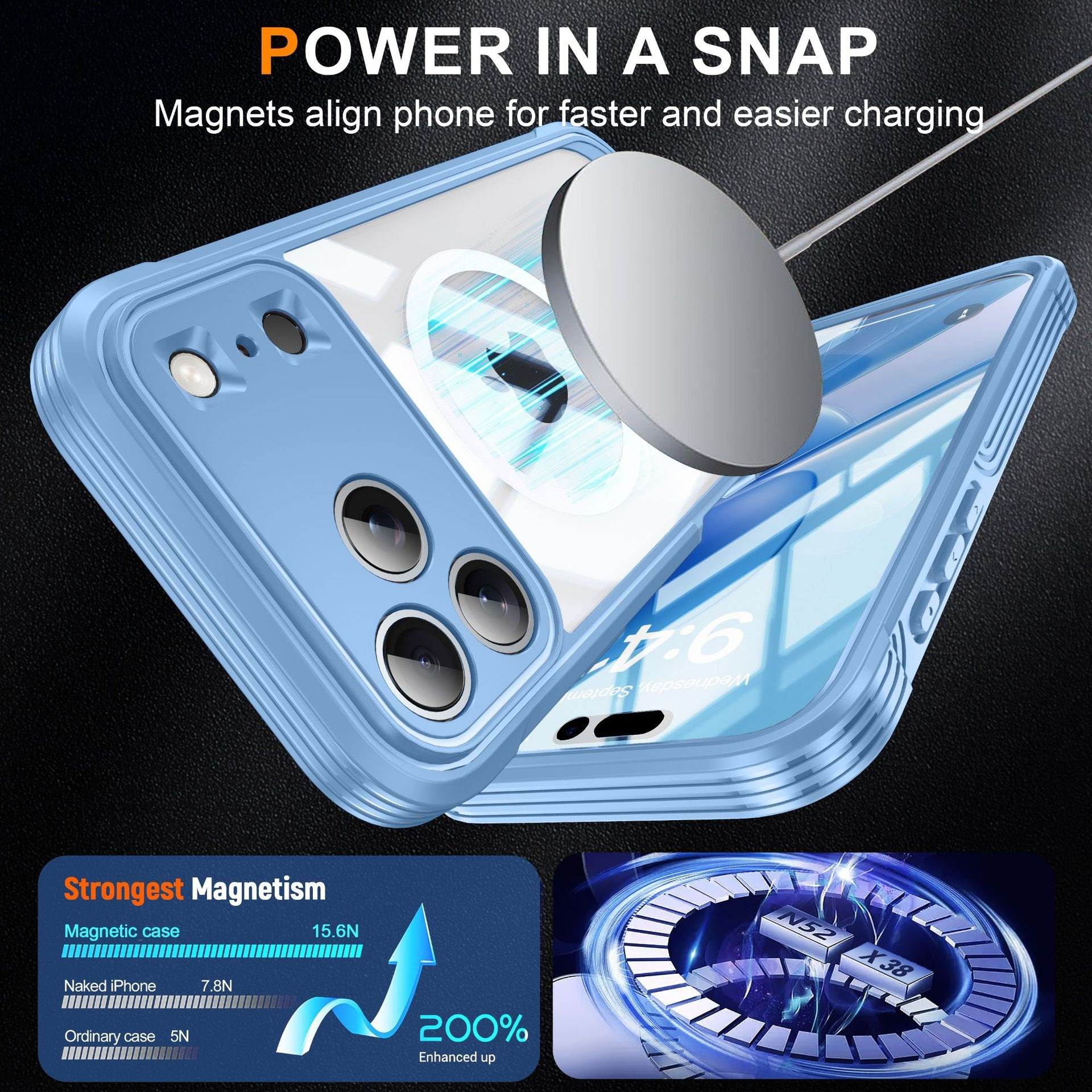 Una custodia blu per telefono con caricatore magnetico. Testo: 'Power in a snap'. La custodia è su sfondo nero.
