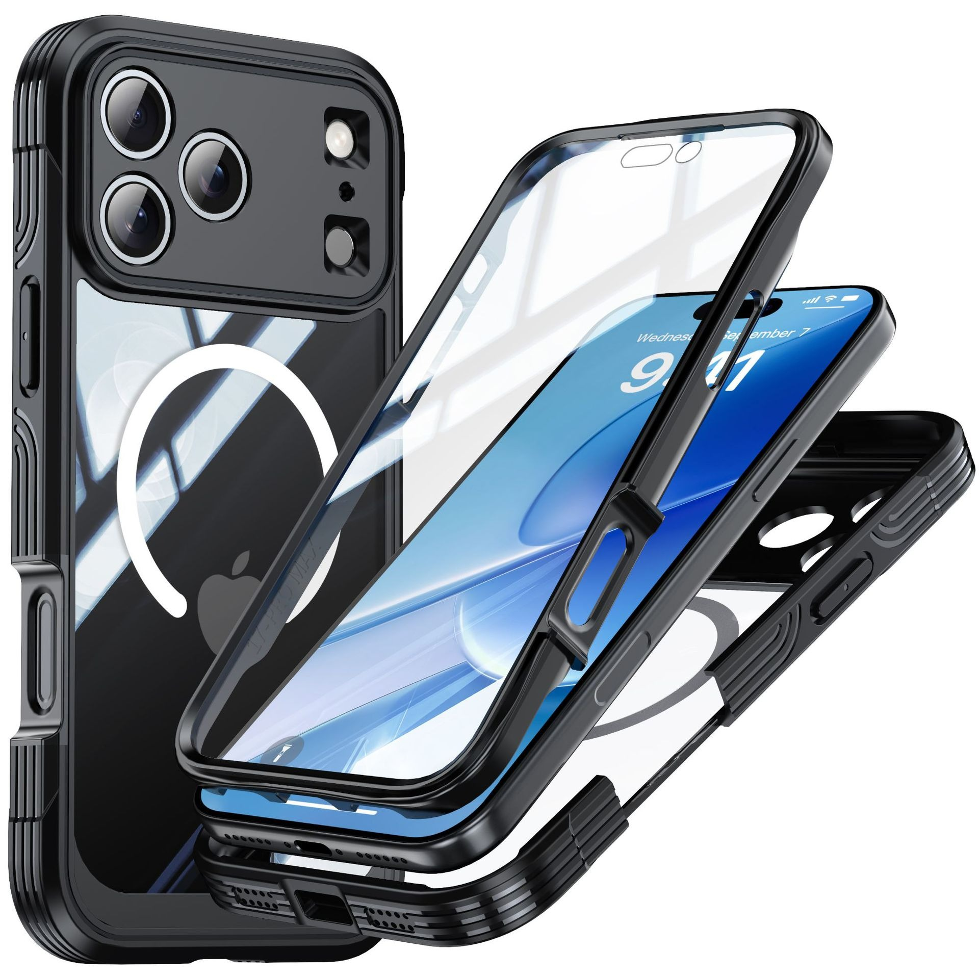 Custodia nera con tre fotocamere, proteggi schermo trasparente e telefono con schermo che mostra mercoledì 7 settembre.