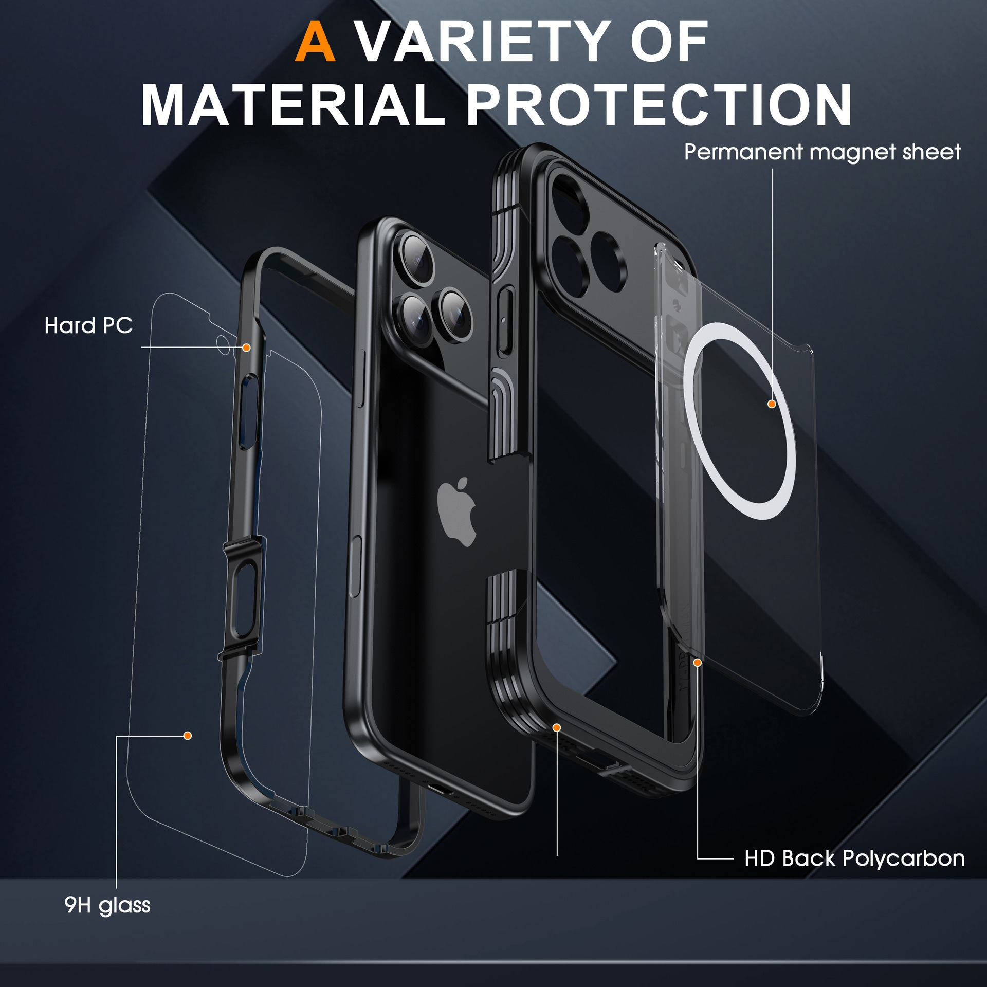 L'immagine mostra una custodia per telefono con strati di PC rigido, vetro 9H e policarbonato posteriore HD. Il testo dice 'A VARIETY OF MATERIAL PROTECTION'.
