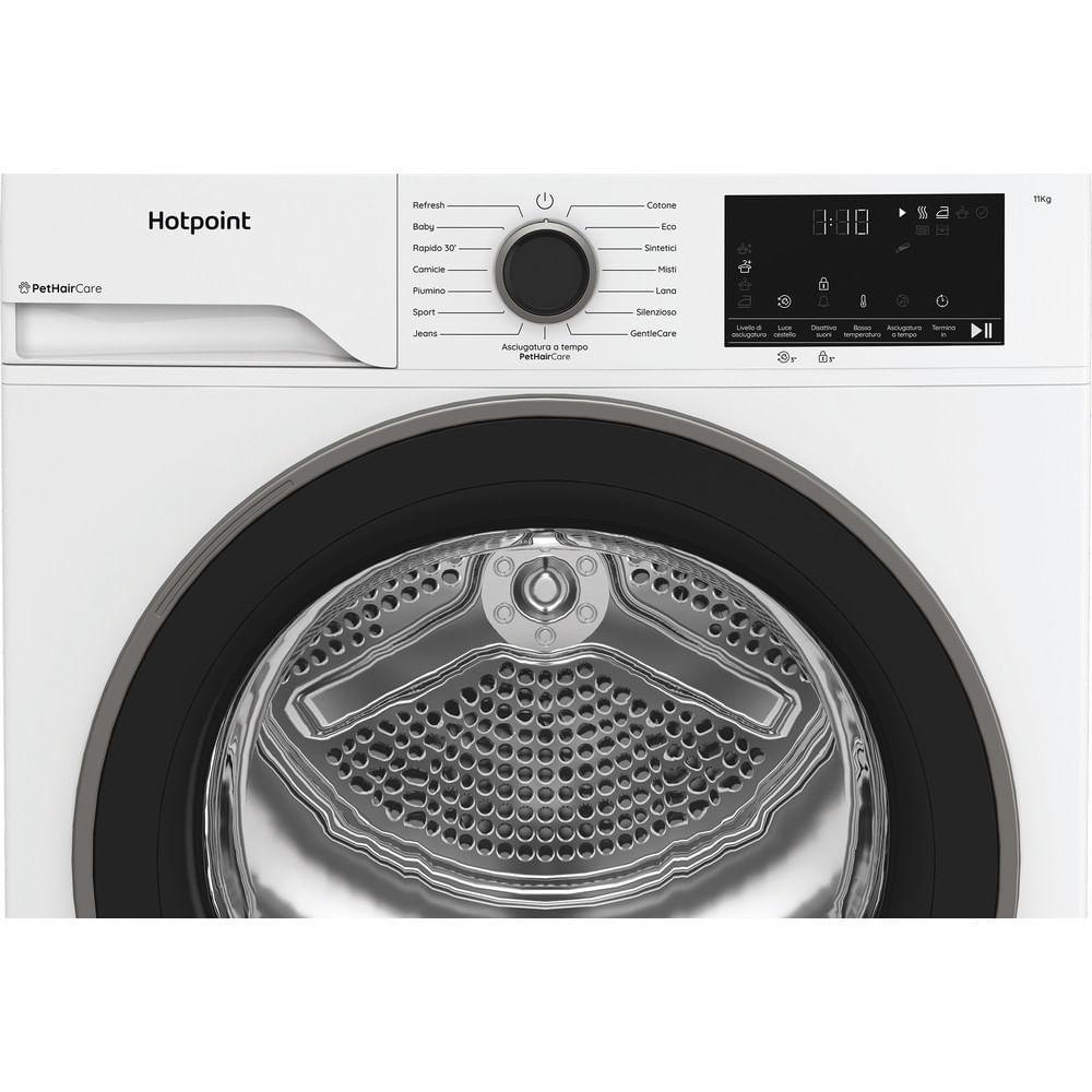 Un'asciugatrice Hotpoint bianca con porta nera. Ha un pannello di controllo con impostazioni e un display digitale che mostra 8:88.