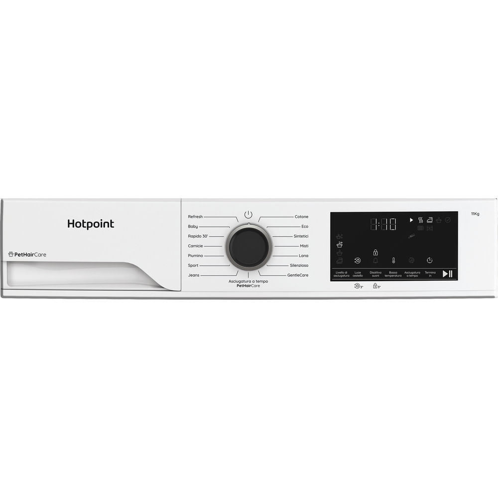 Una lavatrice Hotpoint bianca. Ha un pannello di controllo con un quadrante, un display digitale e diversi pulsanti.