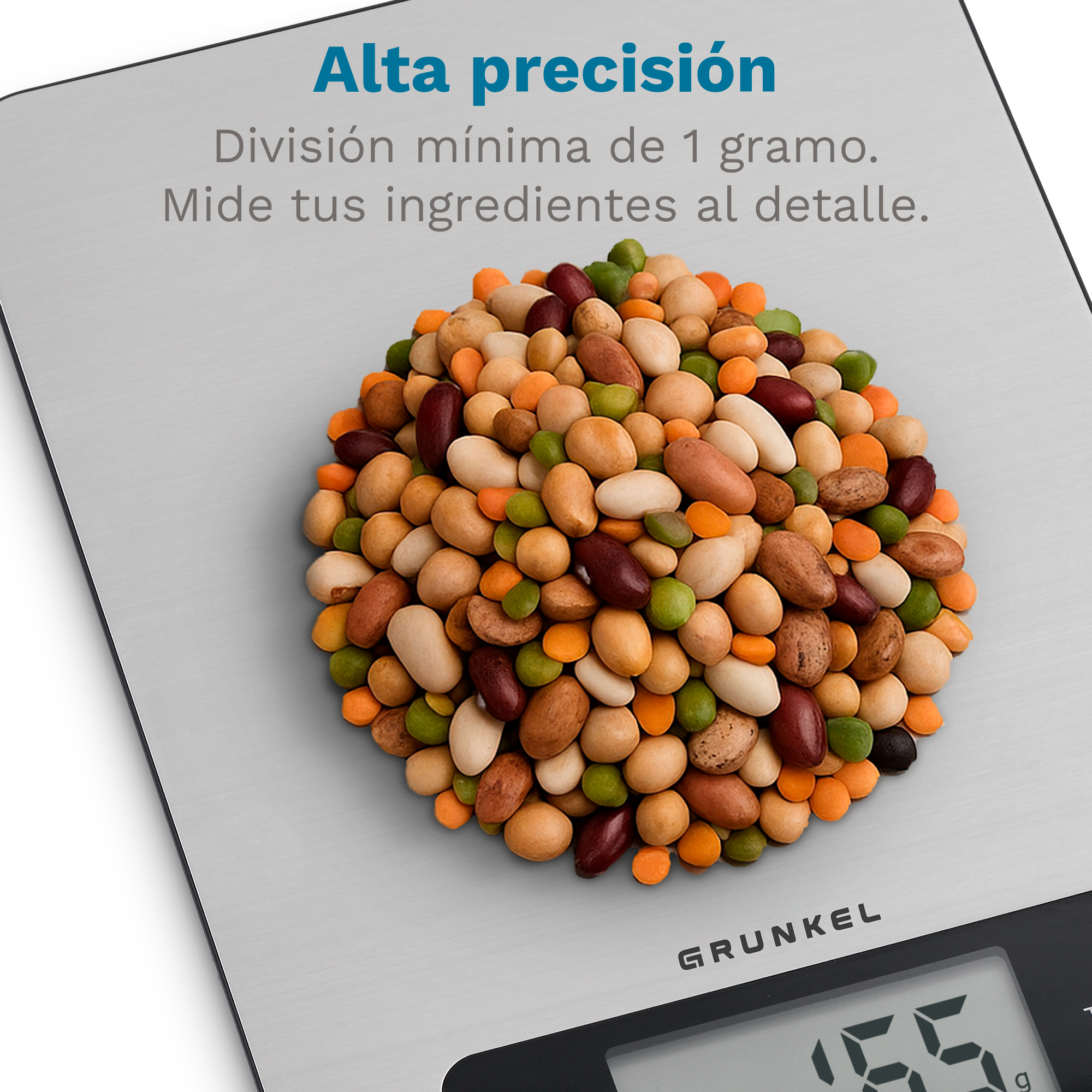 Una báscula de cocina digital con un montón de frijoles encima. La báscula muestra 155g. El texto dice 'Alta precisión'.
