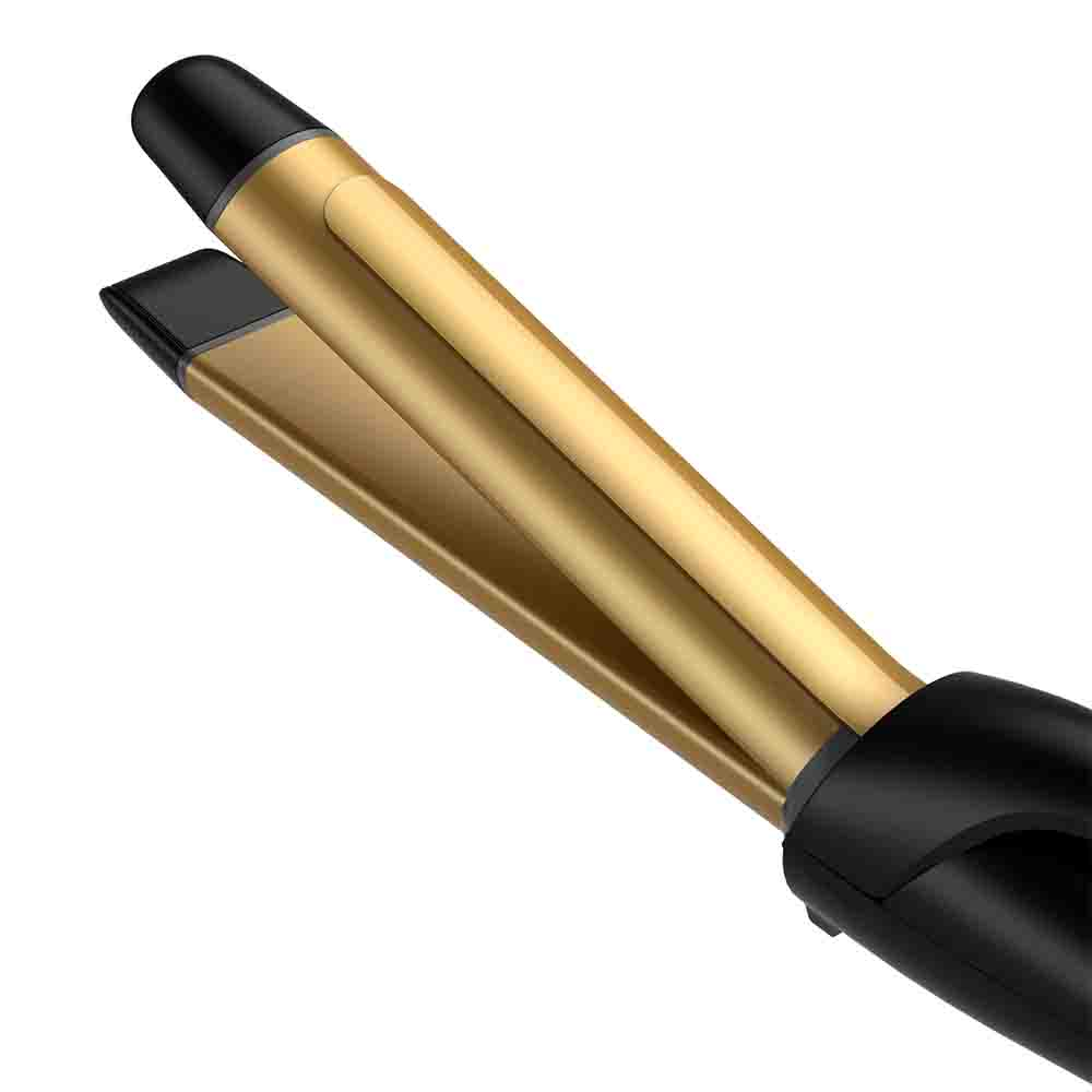 Se muestra un rizador dorado y negro en ángulo. El barril es dorado, y el mango y las puntas son negras.