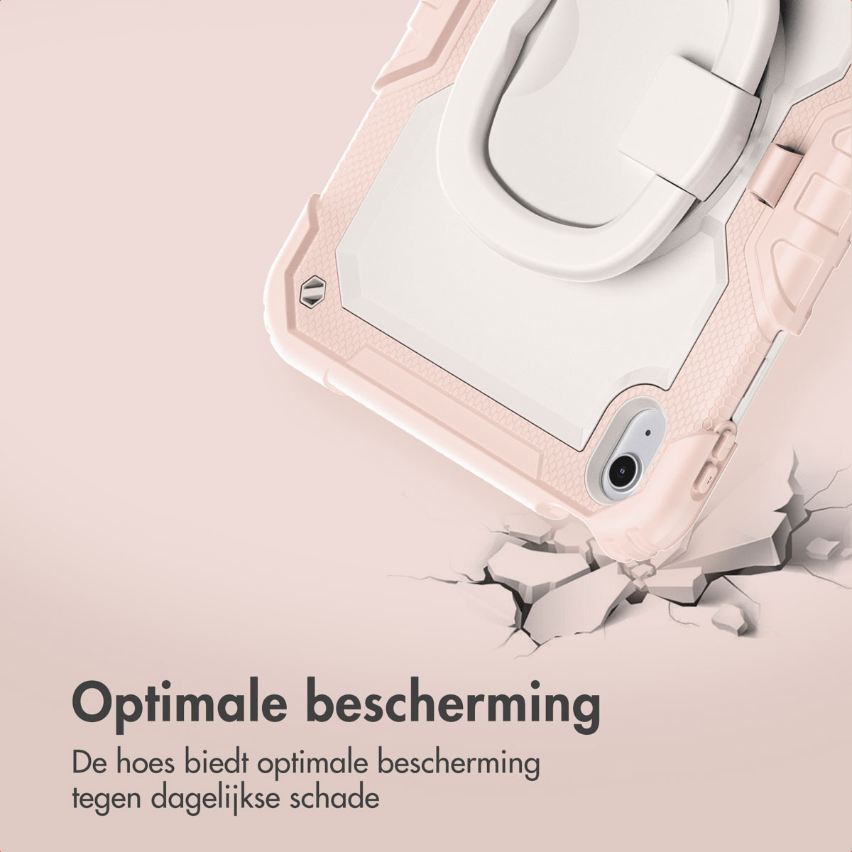 A pink and white tablet case with a ring holder. It appears to be on a surface that is cracking, with text at the bottom.