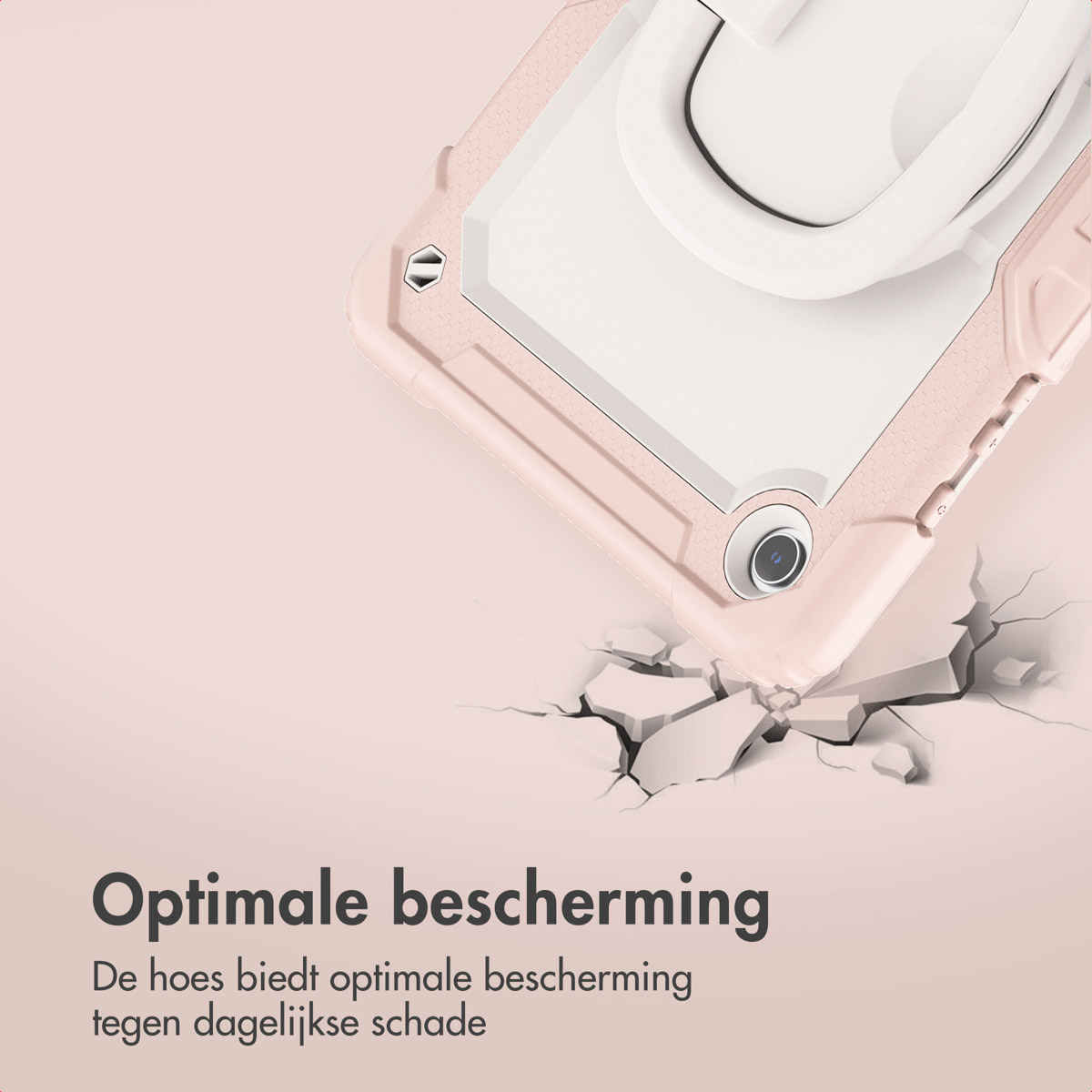 Une coque de tablette rose sur une surface rose. La coque est inclinée, et il y a des fissures en dessous.