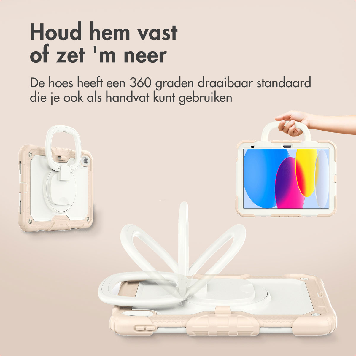 An iPad case with a rotating stand. A hand is holding the case. The case is beige with white details and a handle.
