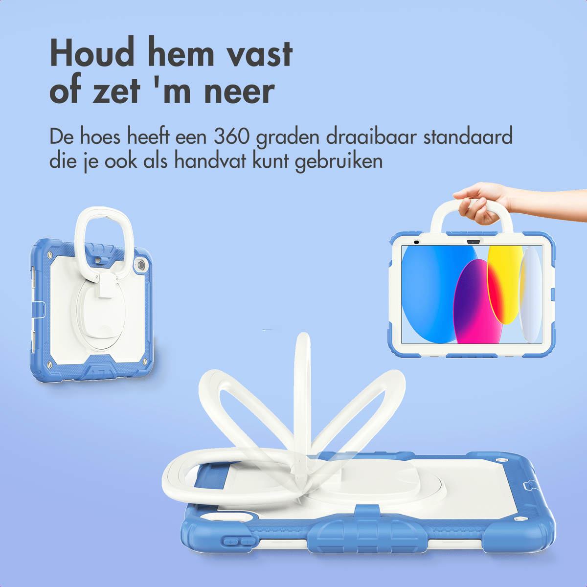 Blue tablet case with a white handle and a rotating stand, with a hand holding the tablet. Dutch text is visible.