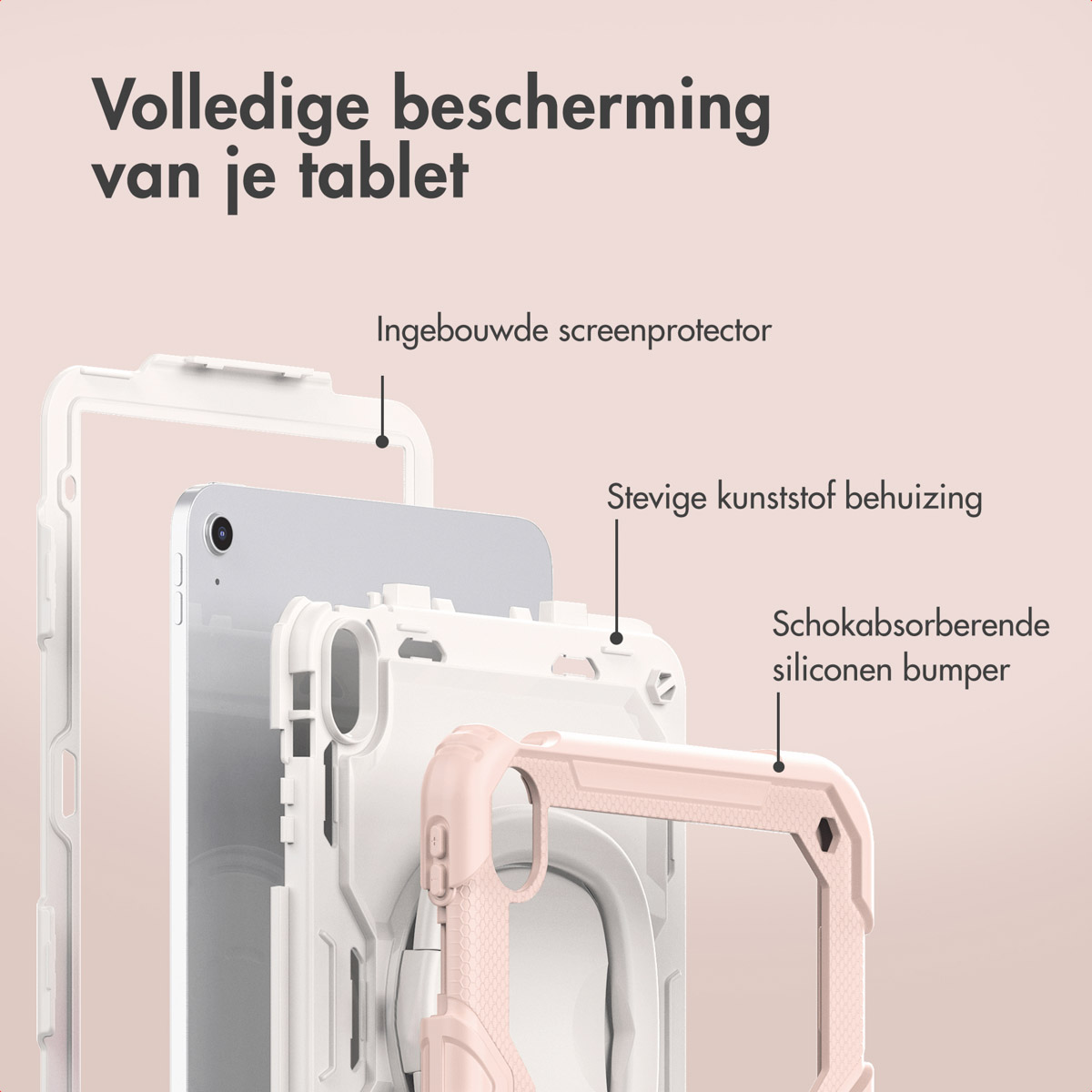 An exploded view of a tablet case with different layers: screen protector, plastic housing, and silicone bumper, all in pink and white.