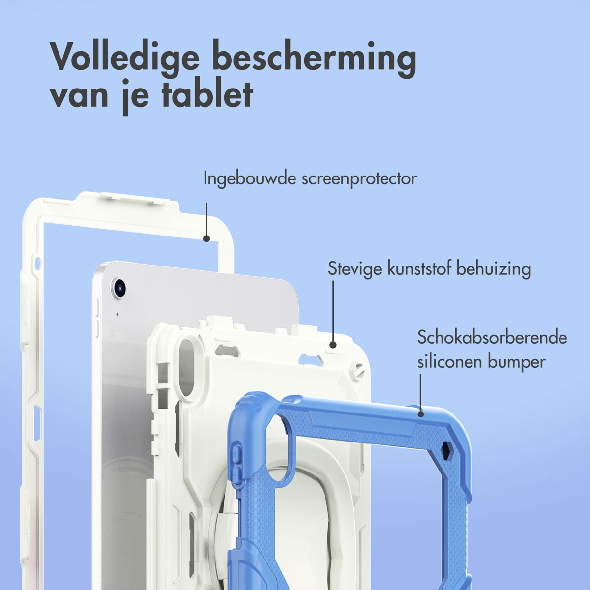 An exploded view of a tablet case, showing layers: screen protector, tablet, plastic housing, and blue silicone bumper.
