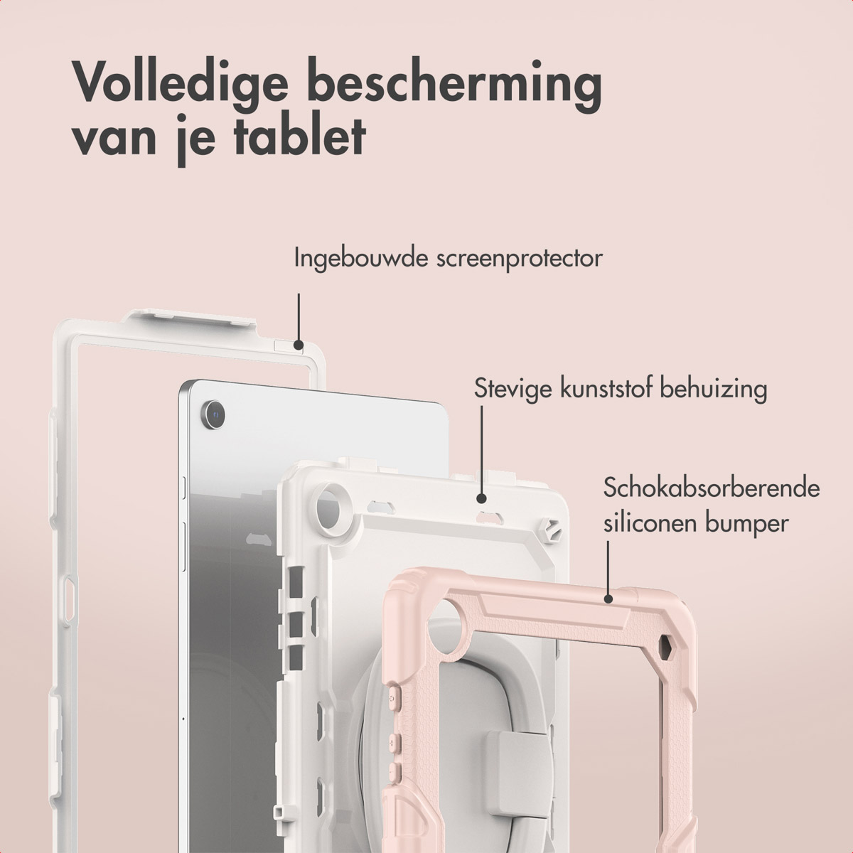 Diagramme des couches d'étui pour tablette : protecteur d'écran, boîtier en plastique et pare-chocs absorbant les chocs. Rose et blanc.