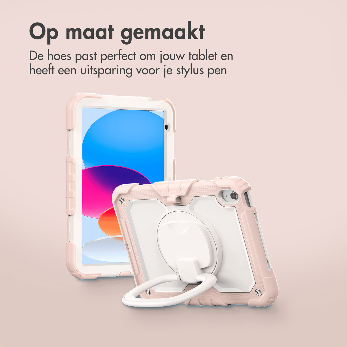 Two pink tablet cases, one with a stand. The background is a solid, light pink color. Text at the top.