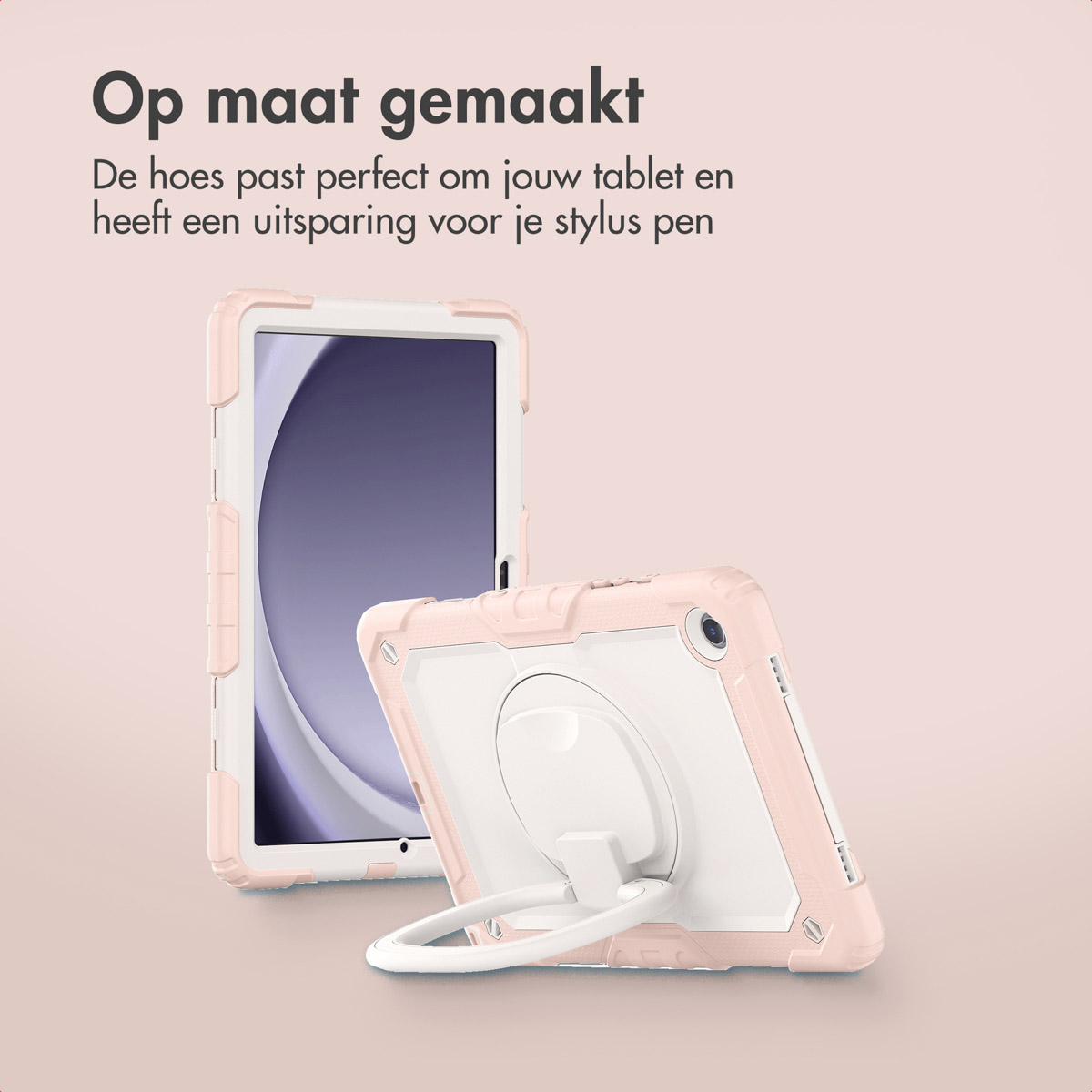Étui de tablette rose et blanc avec béquille à anneau. L'étui protège la tablette et s'adapte au stylet.