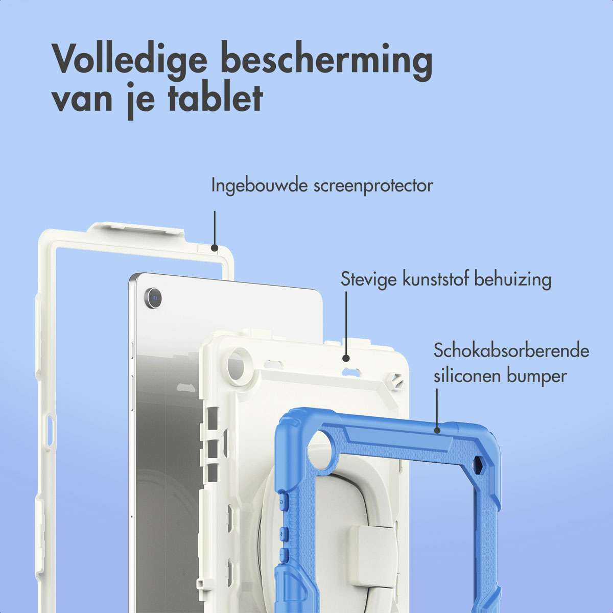 Diagramme des couches de protection de tablette : protecteur d'écran, boîtier en plastique robuste et pare-chocs en silicone absorbant les chocs, tout en bleu et blanc.