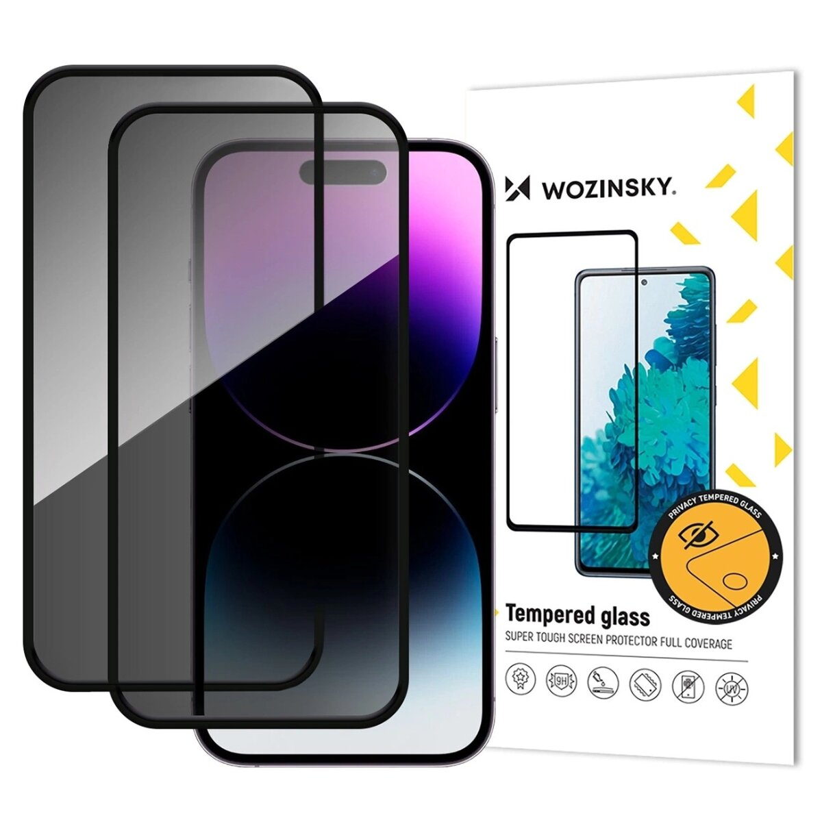 Gehard glazen schermbeschermers voor telefoons, met een telefoonmodel en een productverpakking op de achtergrond.