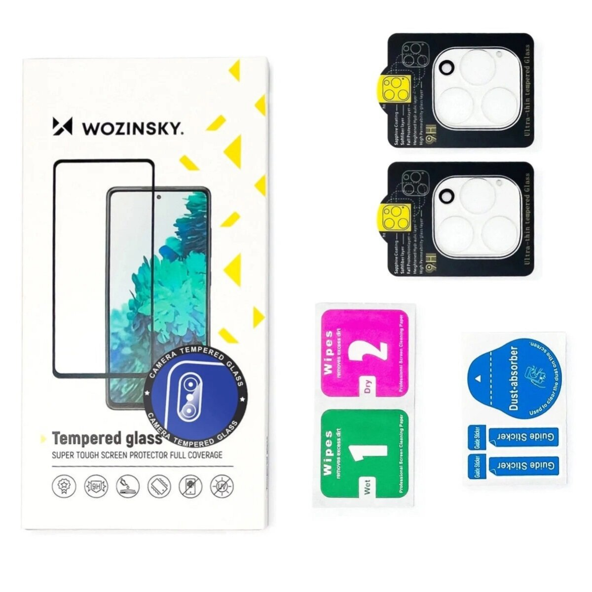 A phone screen protector kit. Includes screen protector, wipes, dust absorber, and guide stickers. Packaging has the brand name Wozinsky.