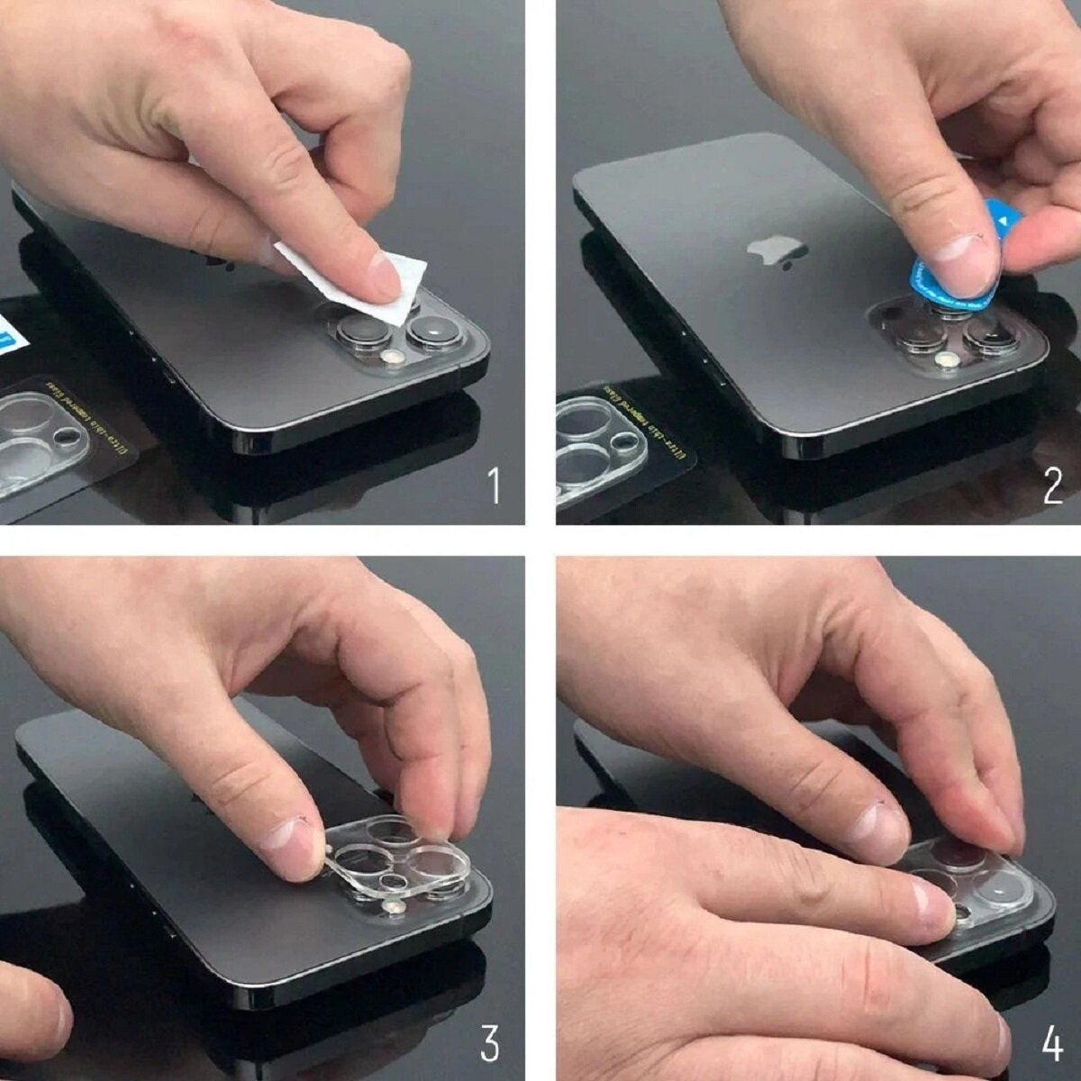 A series of steps showing the application of a camera lens protector on a black phone. Hands are applying the protector.