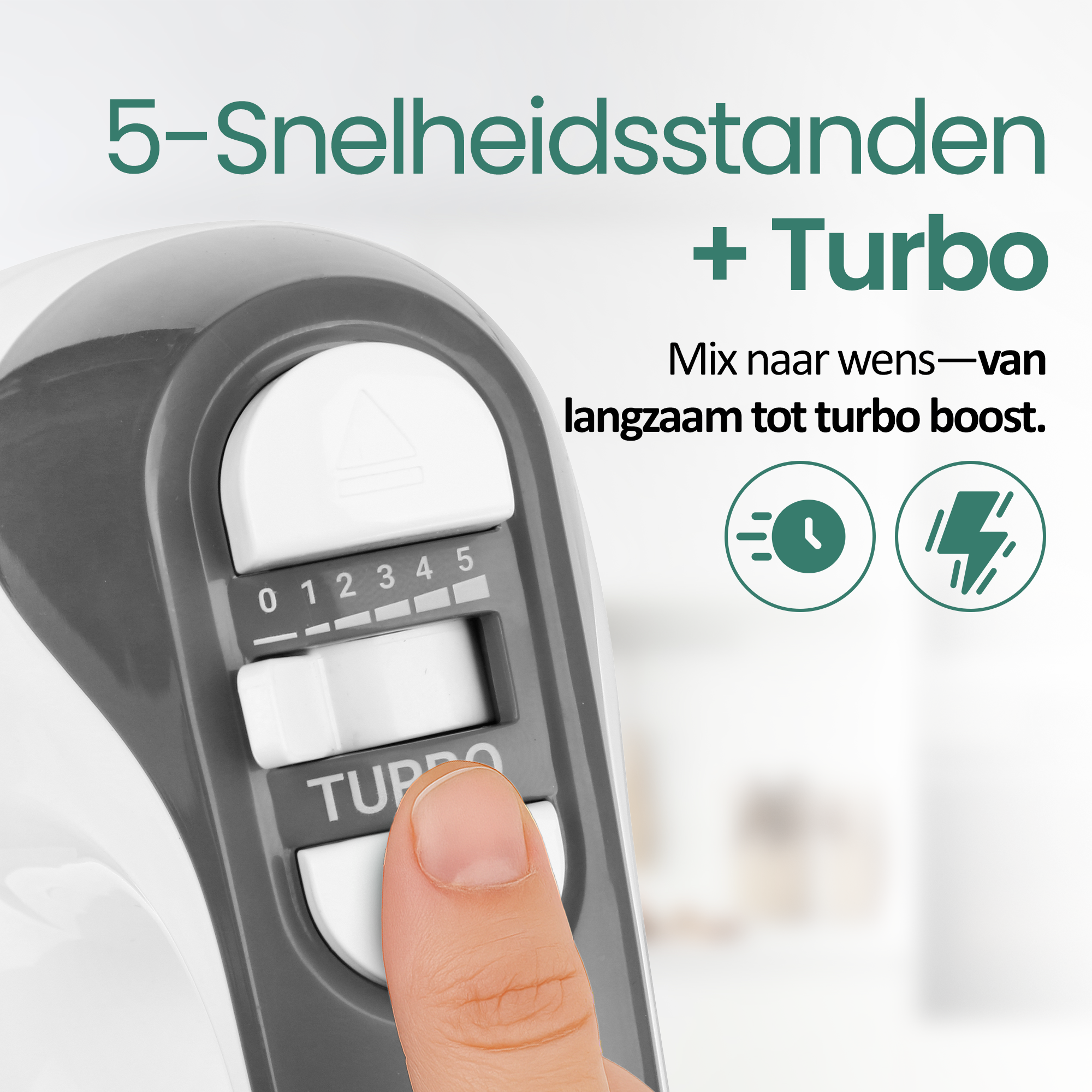 A hand operates a mixer control with speed settings. Numbers 0-5 are visible. A turbo button is also visible.