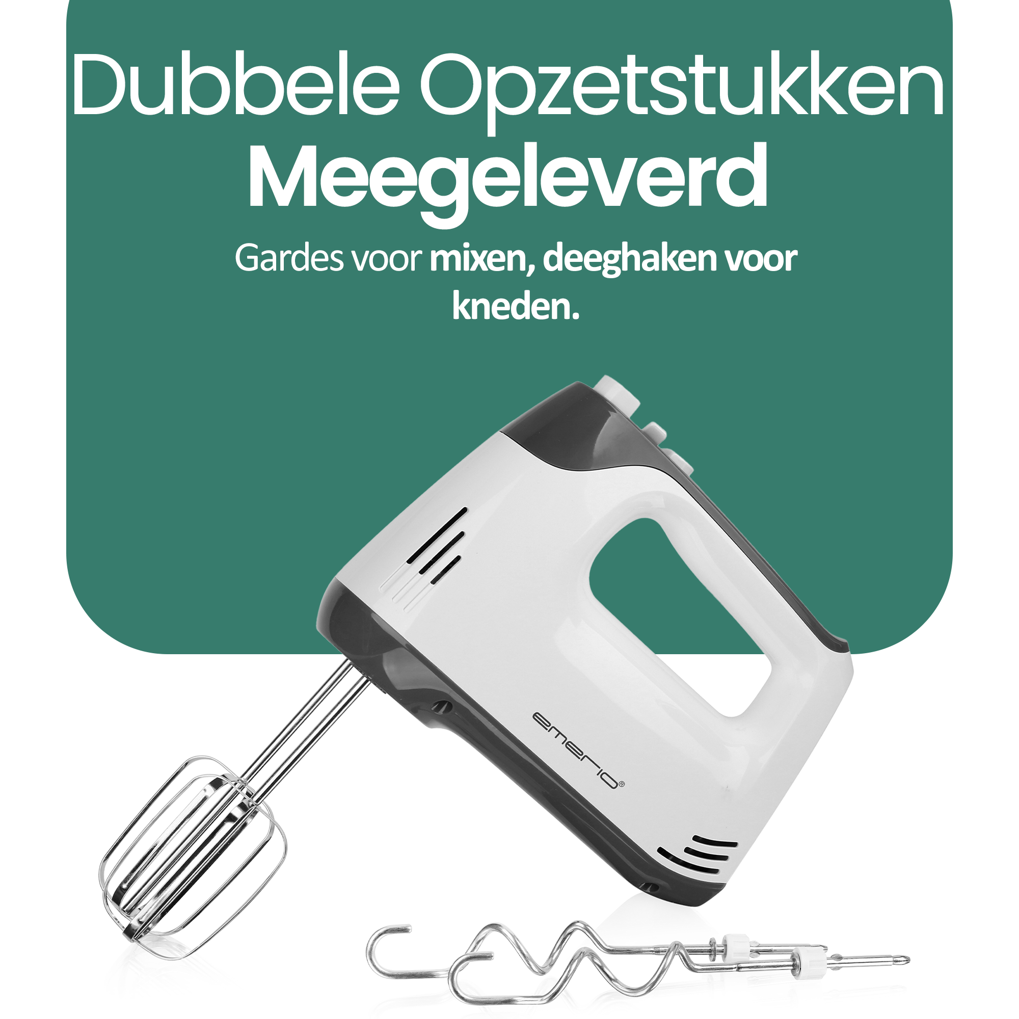 A white and gray hand mixer with beaters and dough hooks on a white background with a green background.