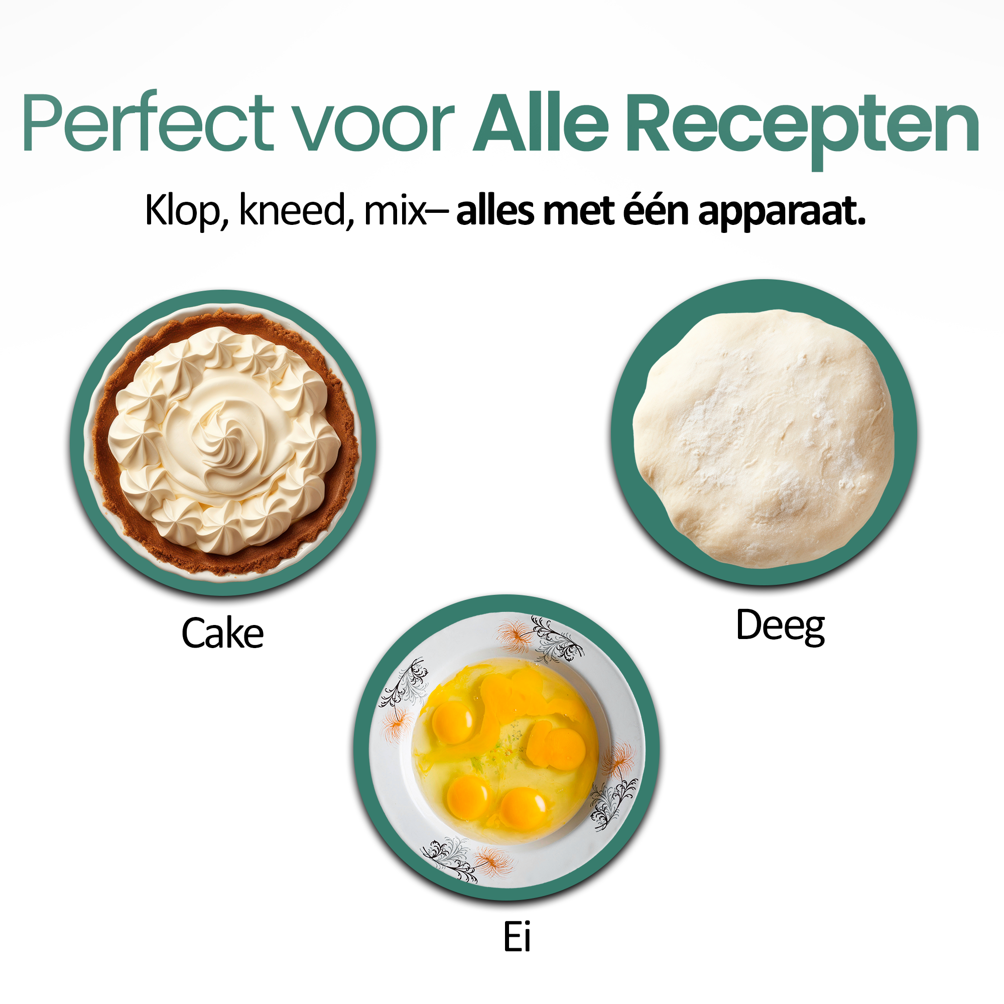 Image shows cake, dough, and eggs in plates with green borders, and text in Dutch: perfect for all recipes.