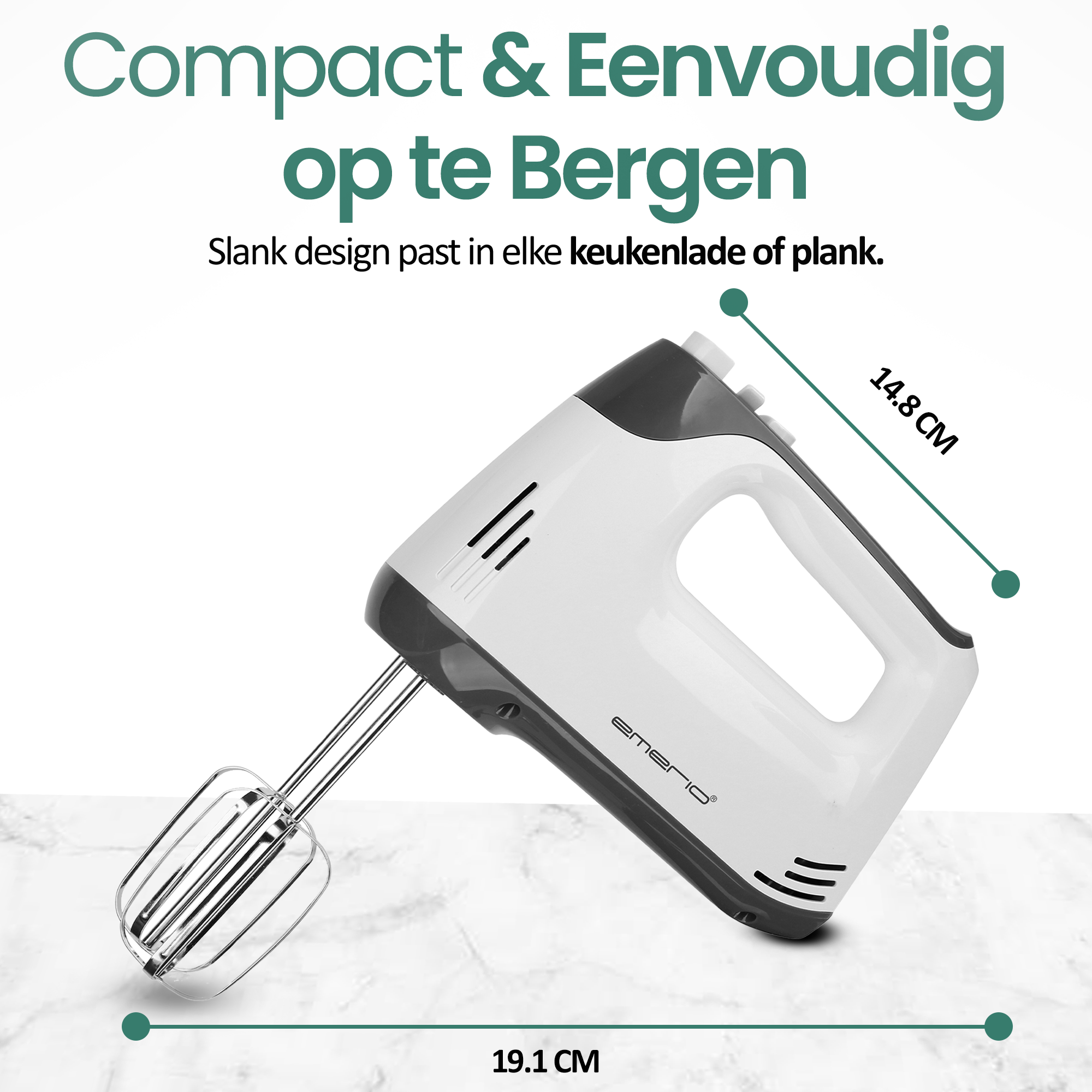A white and gray hand mixer with beater attachments is on a marble surface, with dimensions labeled.