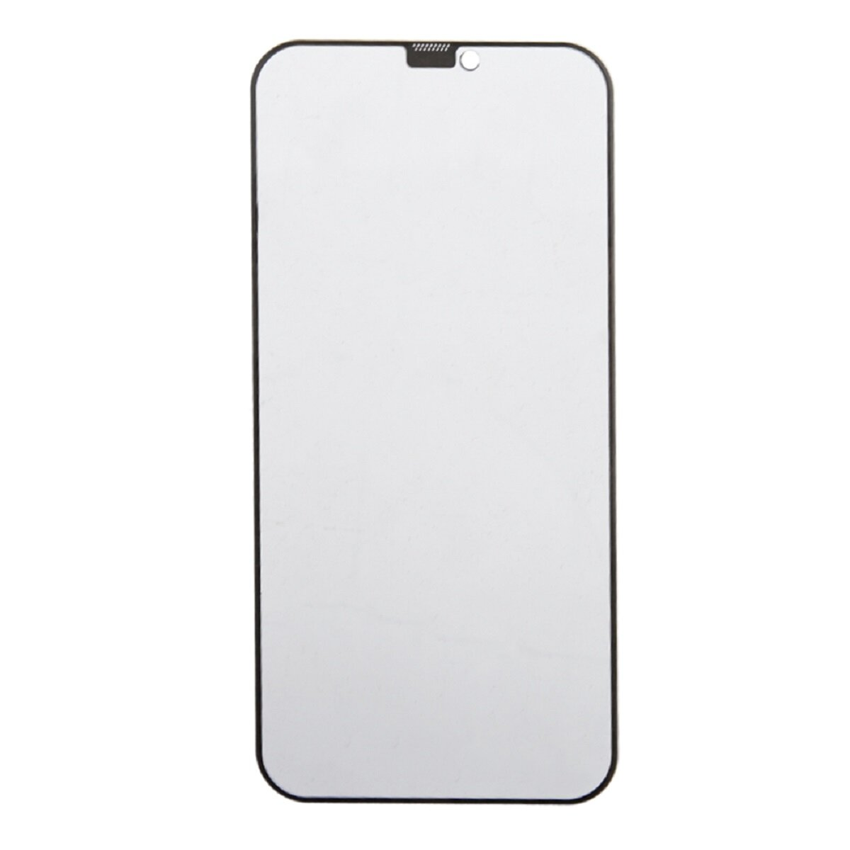 Un écran de téléphone rectangulaire aux coins arrondis. L'écran est blanc, avec un cadre noir. Il y a une encoche en haut.