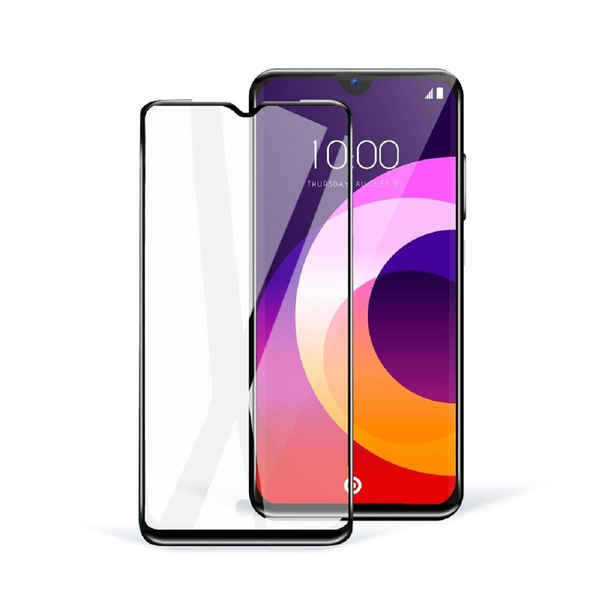 Un smartphone avec protecteur d'écran. L'écran affiche un fond coloré avec l'heure et la date. Le protecteur est à gauche.