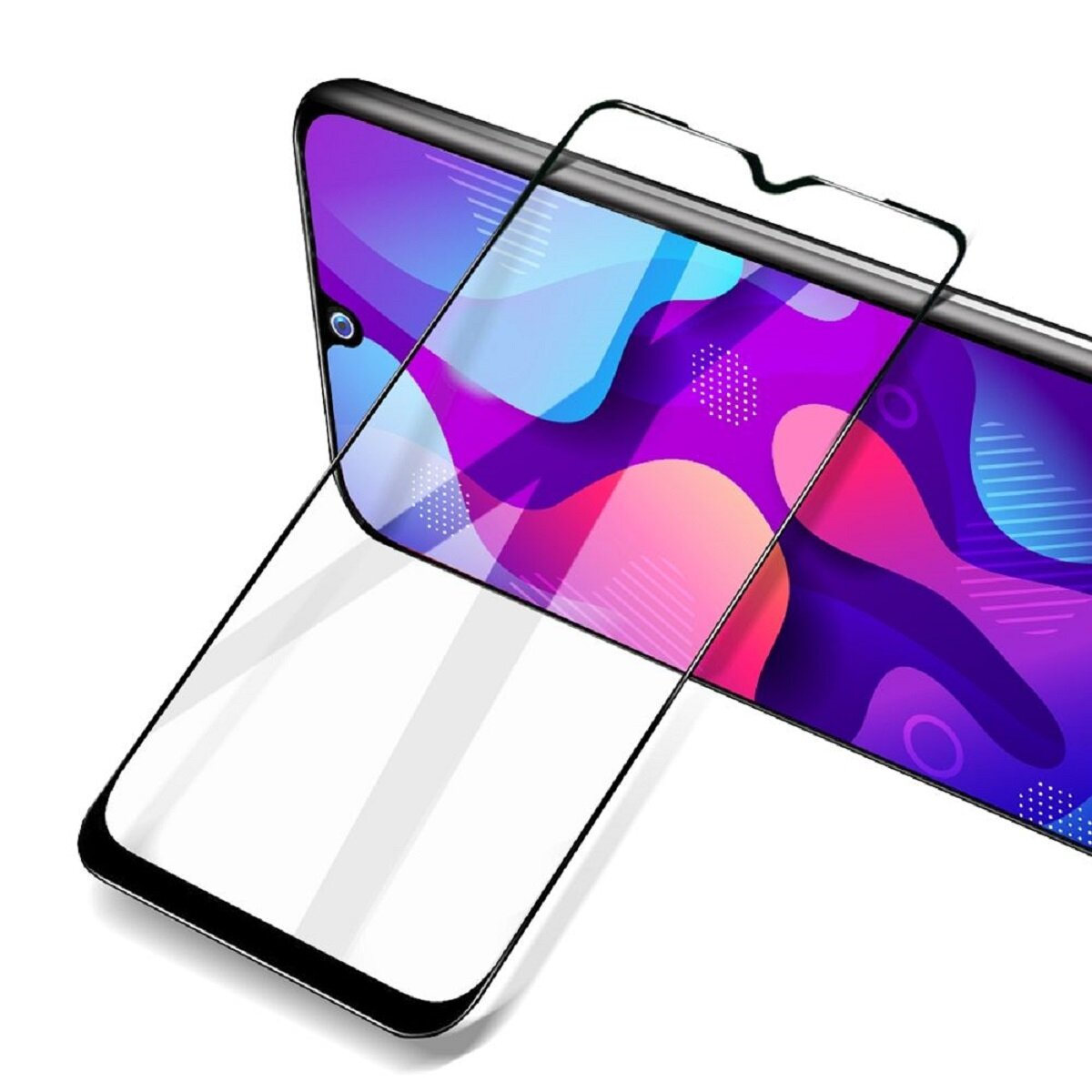 Un smartphone avec un protecteur d'écran. L'écran affiche des formes abstraites colorées. Le protecteur est clair et incliné.