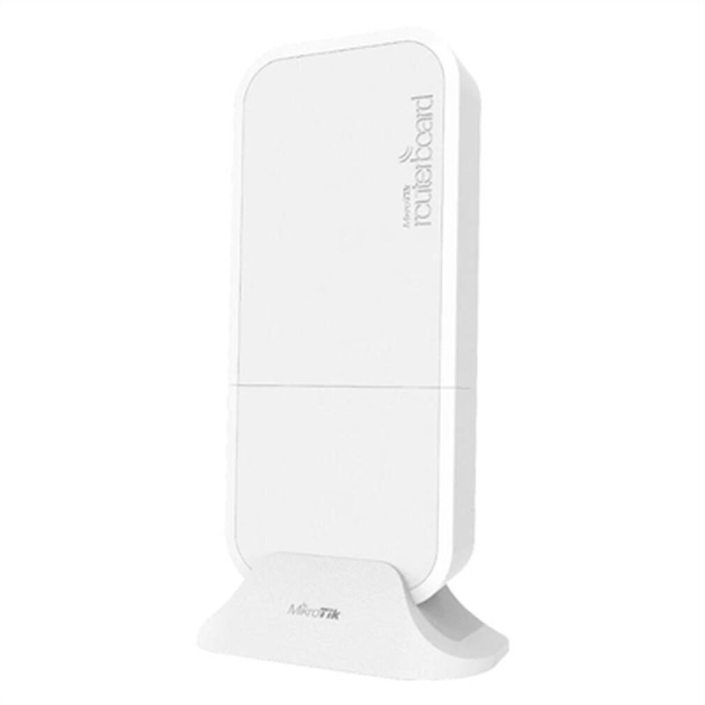 Białe urządzenie RouterBoard stoi pionowo. Ma prostokątny korpus, podstawę z logo Mikrotik i logo RouterBoard.