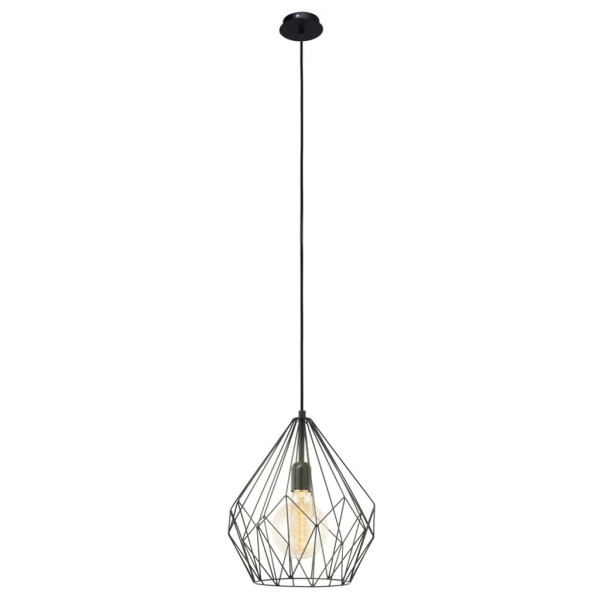 Eine schwarze geometrische Pendelleuchte hängt von der Decke. Das Licht hat eine rahmenartige Diamantenform und eine sichtbare Glühbirne.
