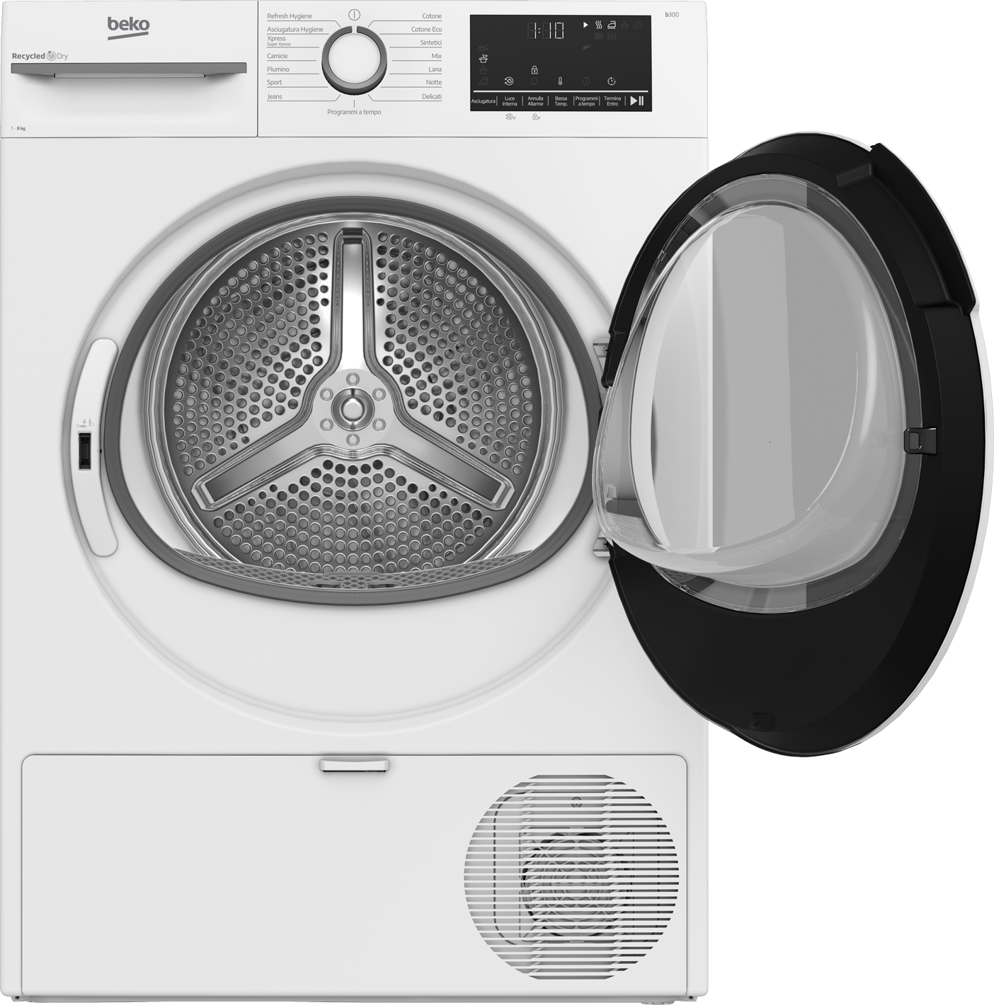 Asciugatrice Beko bianca con porta aperta. Ha un pannello di controllo e un selettore di programmi. Il cestello è visibile.