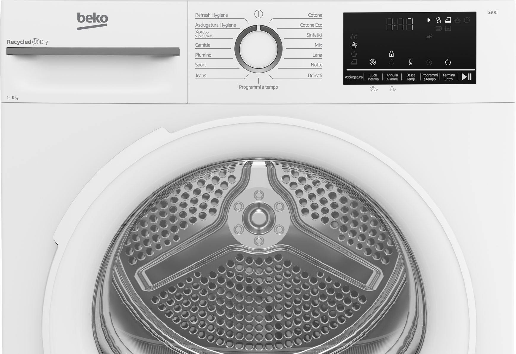 Un'asciugatrice Beko bianca con pannello comandi, display e cestello rotante. Pulsanti per diverse opzioni di asciugatura.