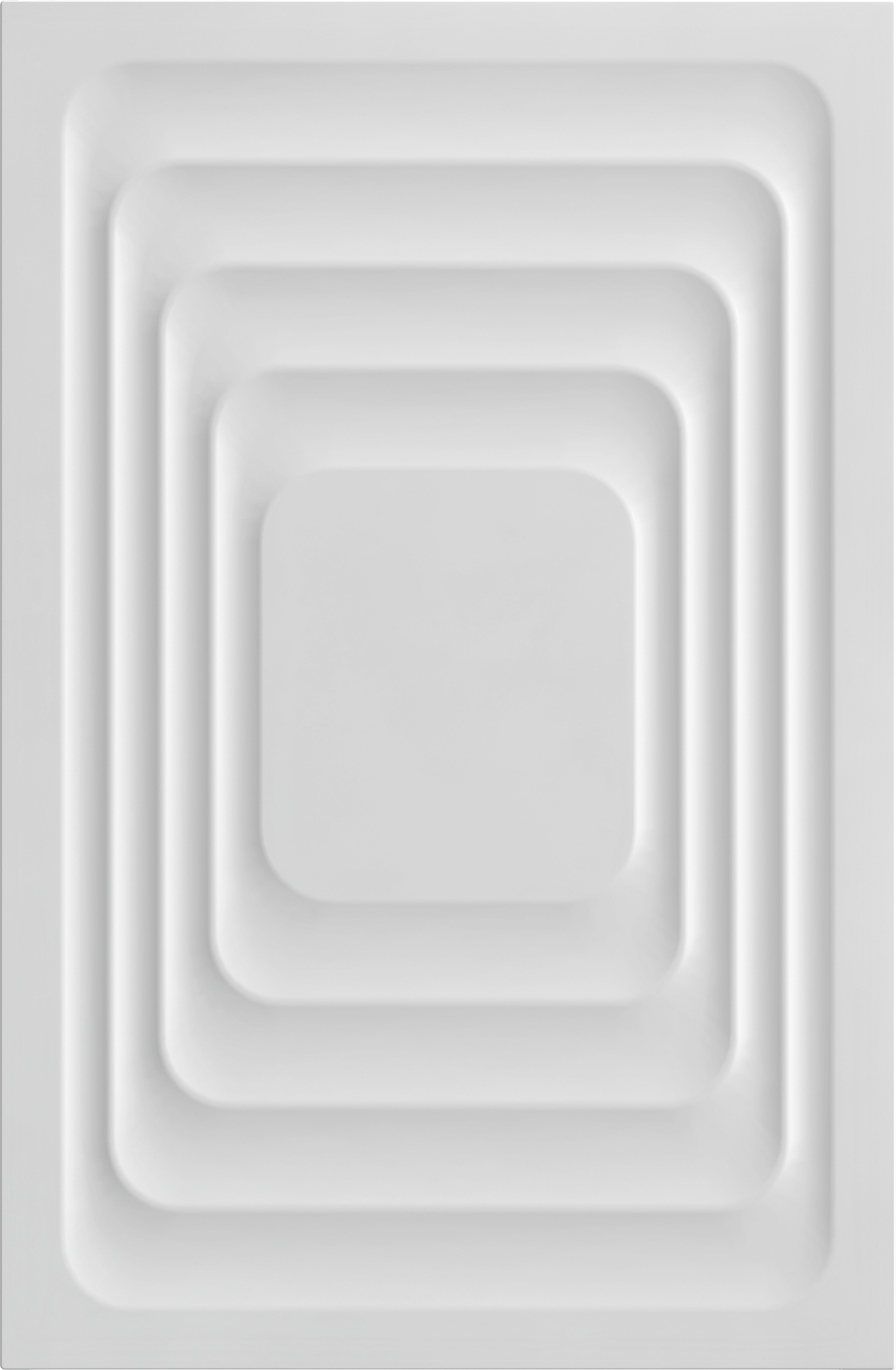Biały, kwadratowy panel z koncentrycznymi, zaokrąglonymi kwadratami cofającymi się do wewnątrz. Środkowy kwadrat jest lekko podniesiony.