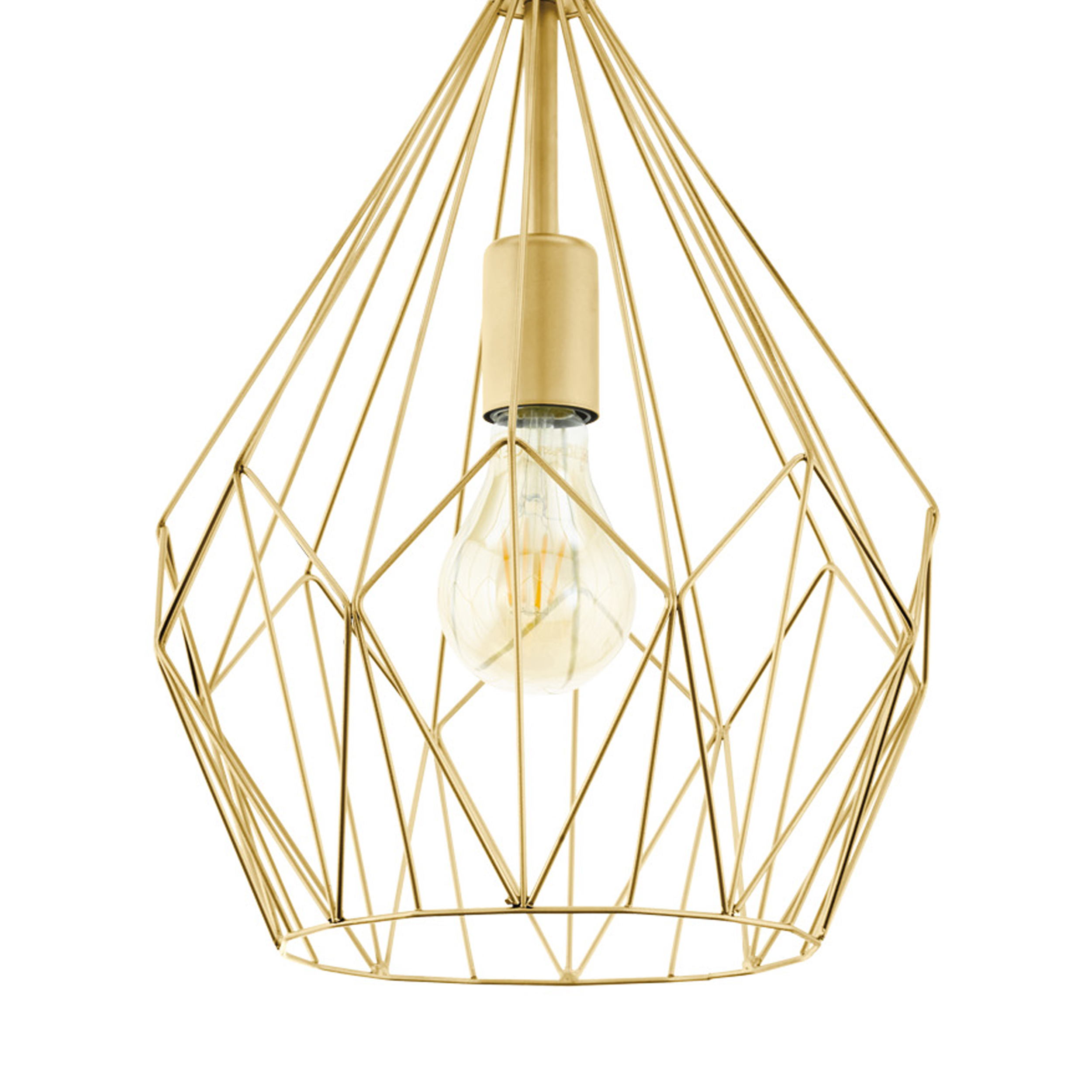 Eine goldene geometrische Pendelleuchte mit Glühbirne im Inneren, isoliert auf weißem Hintergrund.