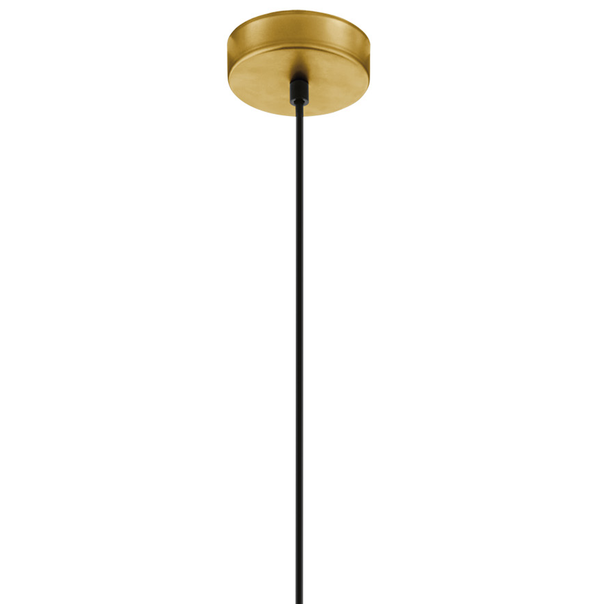 Eine goldene Deckenleuchte mit einem schwarzen Kabel, das herunterhängt. Der Hintergrund ist weiß.