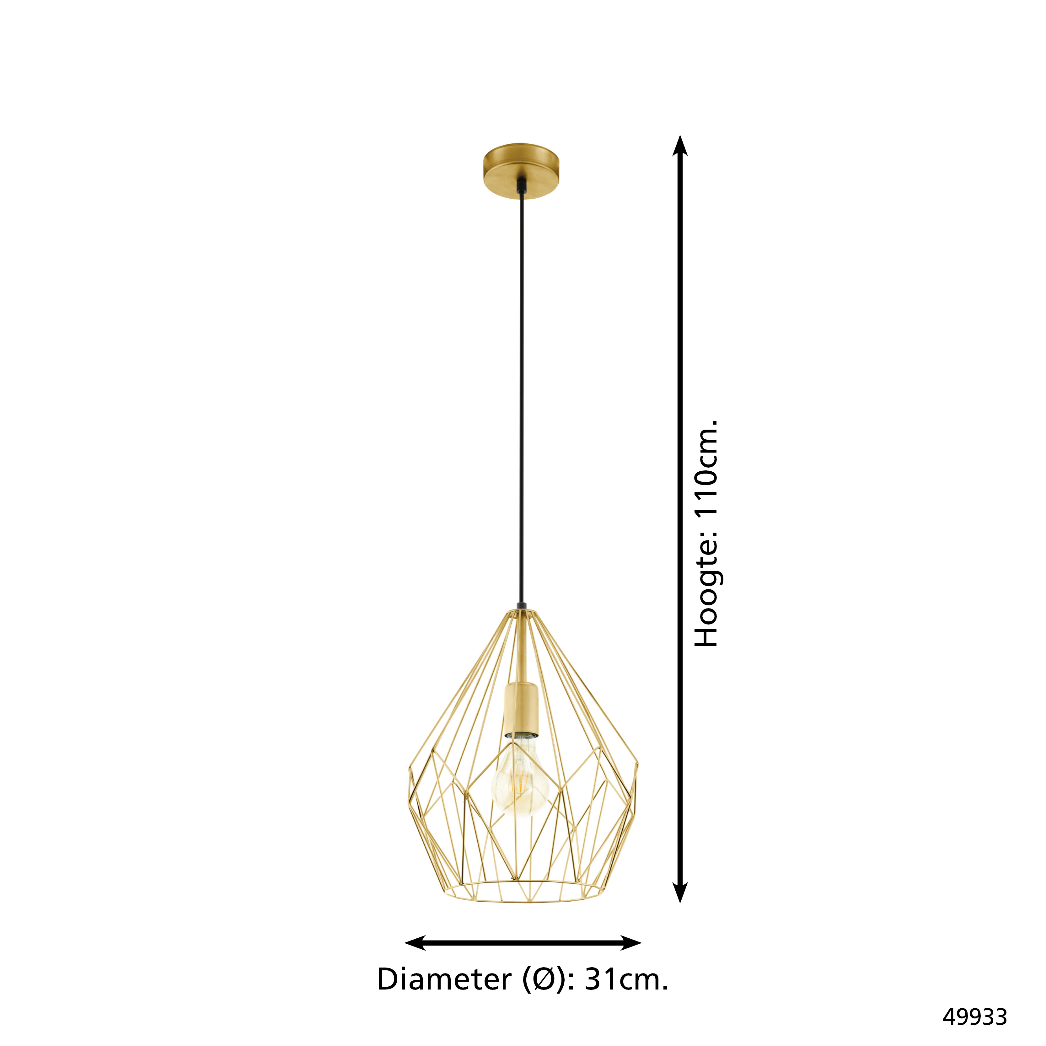 Eine goldene geometrische Pendelleuchte hängt von der Decke. Die Abmessungen sind mit 110 cm Höhe und 31 cm Durchmesser angegeben.