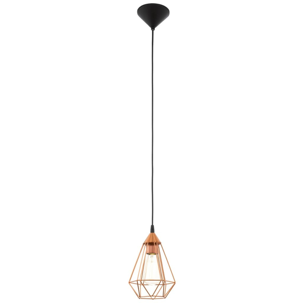 Eine Hängeleuchte. Sie hat eine schwarze Deckenhalterung, ein schwarzes Kabel und einen kupferfarbenen geometrischen Käfig um die Glühbirne.